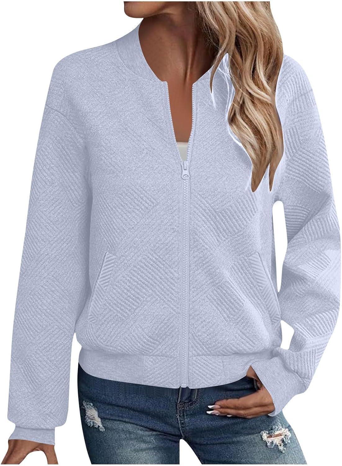 Women's Zip Up Oversized Sweatshirts Jacket Coat Textured Long Sleeve Casual Fall Winter Teen Clothes with Pockets