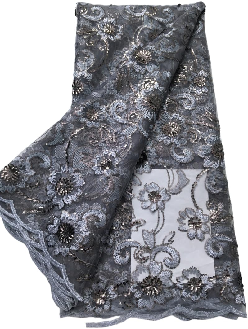 African Lace Fabric 5 Yards - French Tulle Lace with 3D Sequin Embroidery Crochet, Premium Craft Material for Bridal Wedding Dress, Evening Party Gown & Everyday Sewing Dressmaking (42579)