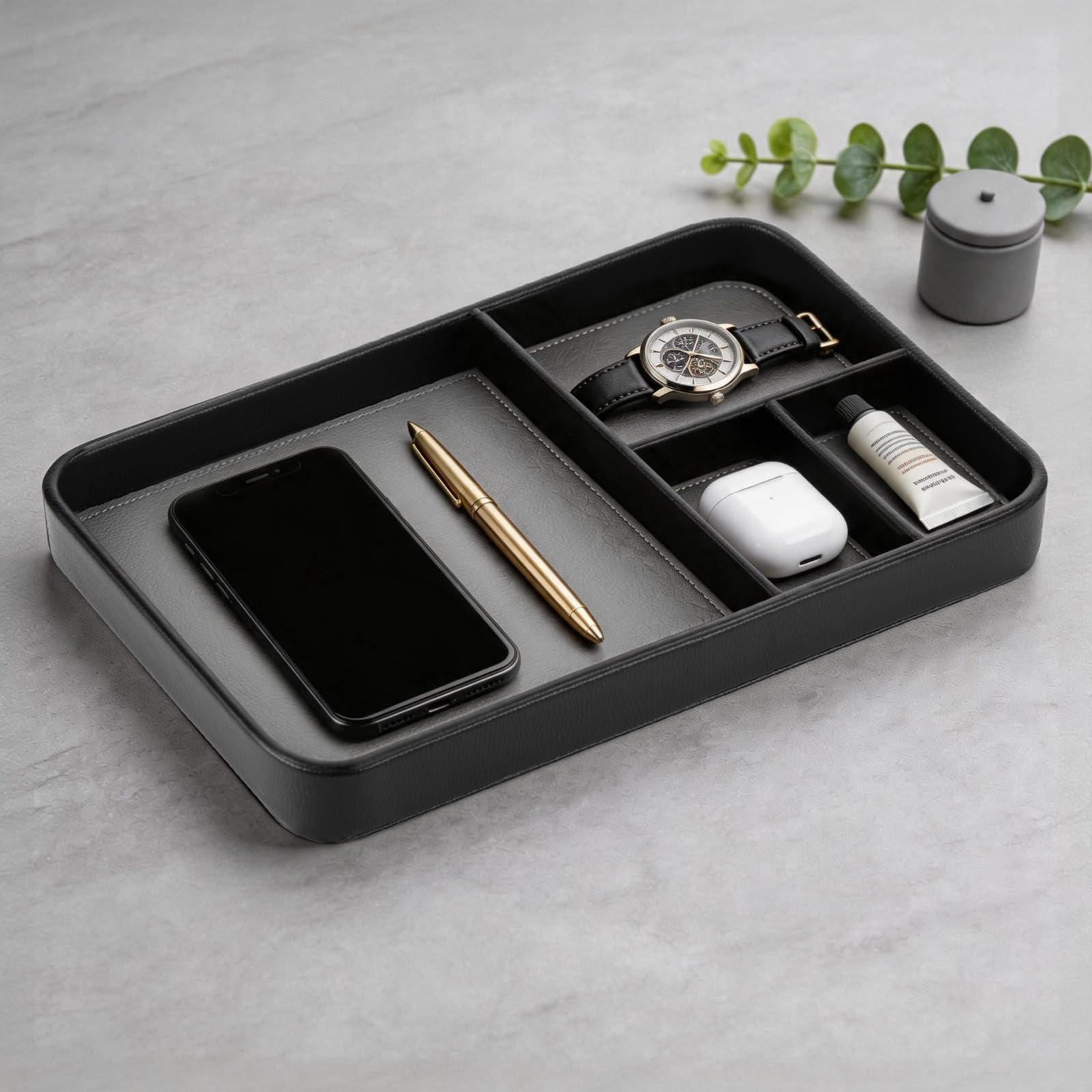 Seivunol PU Leather Valet Tray, Multifunctional Bedside Organiser for Keys, Wallet, Watch, Phone & Jewellery, Desk Accessories for Men Women, Catchall Tray for Bedside Entryway & Office, 12.0 × 8.1 in