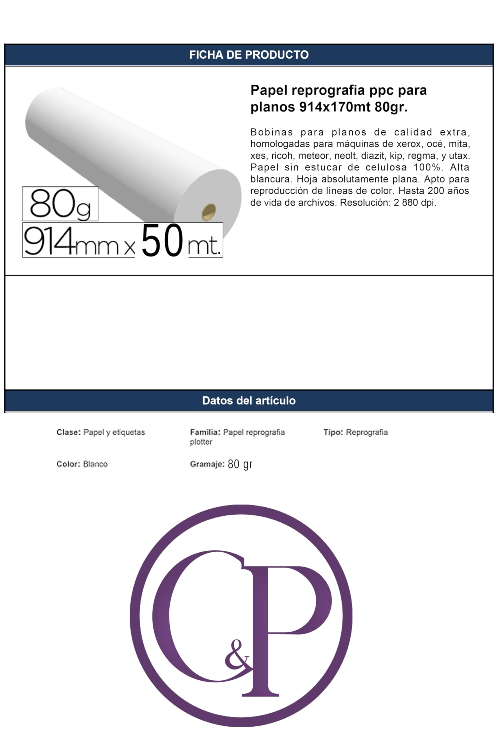 C&P Rollo de papel para plóter, 80 g, 914 mm x 50 m