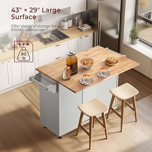 Miniatura 2 de Carrito de isla de cocina rodante de 54 pulgadas con almacenamiento, armario de cocina grande con barra de desayuno plegable de hojas caídas, mesa
