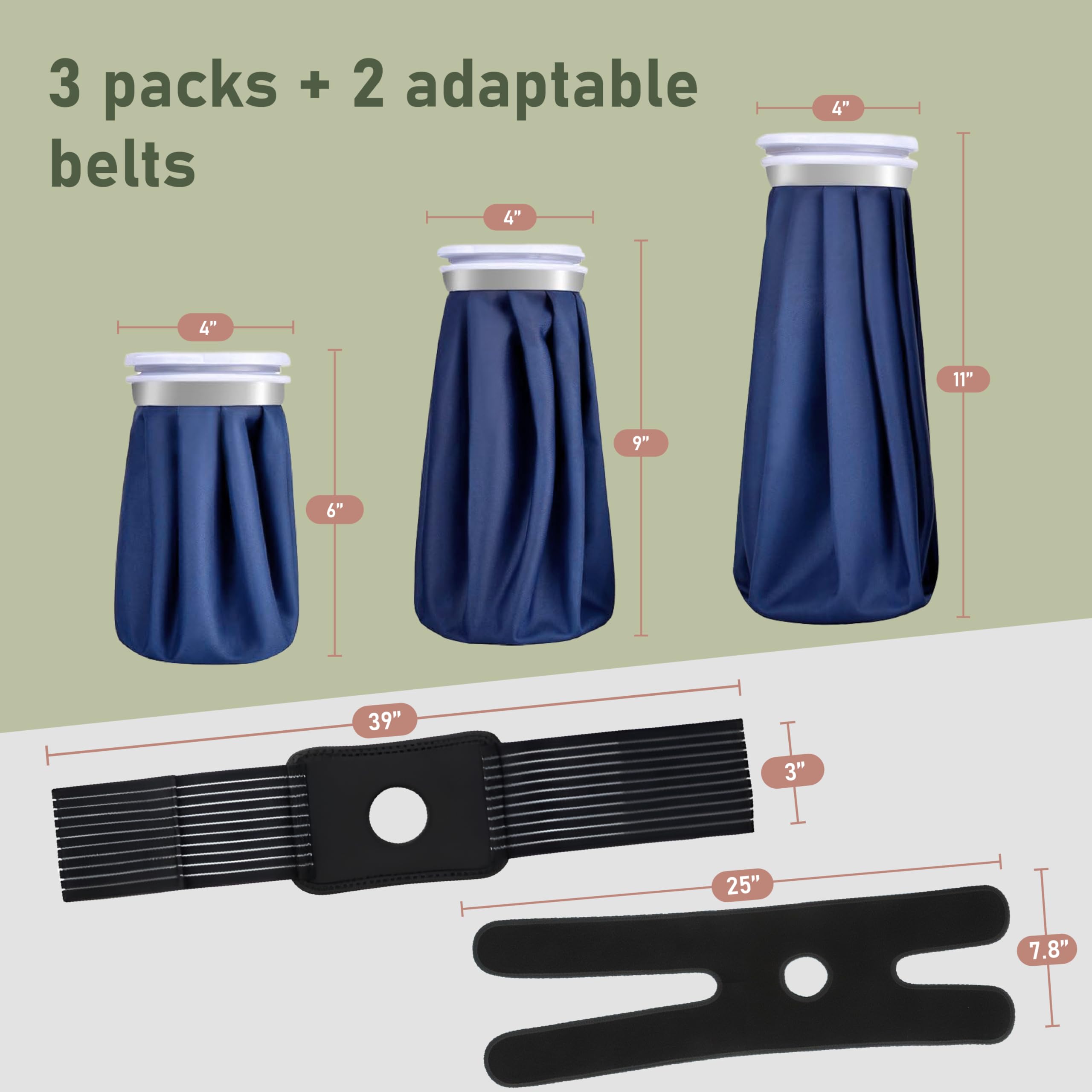 Bolsas de hielo reutilizables para lesiones – Bolsa de agua caliente doble para aliviar el dolor y bolsas de hielo suave para lesiones – Juego de 3 bolsas y 2 correas