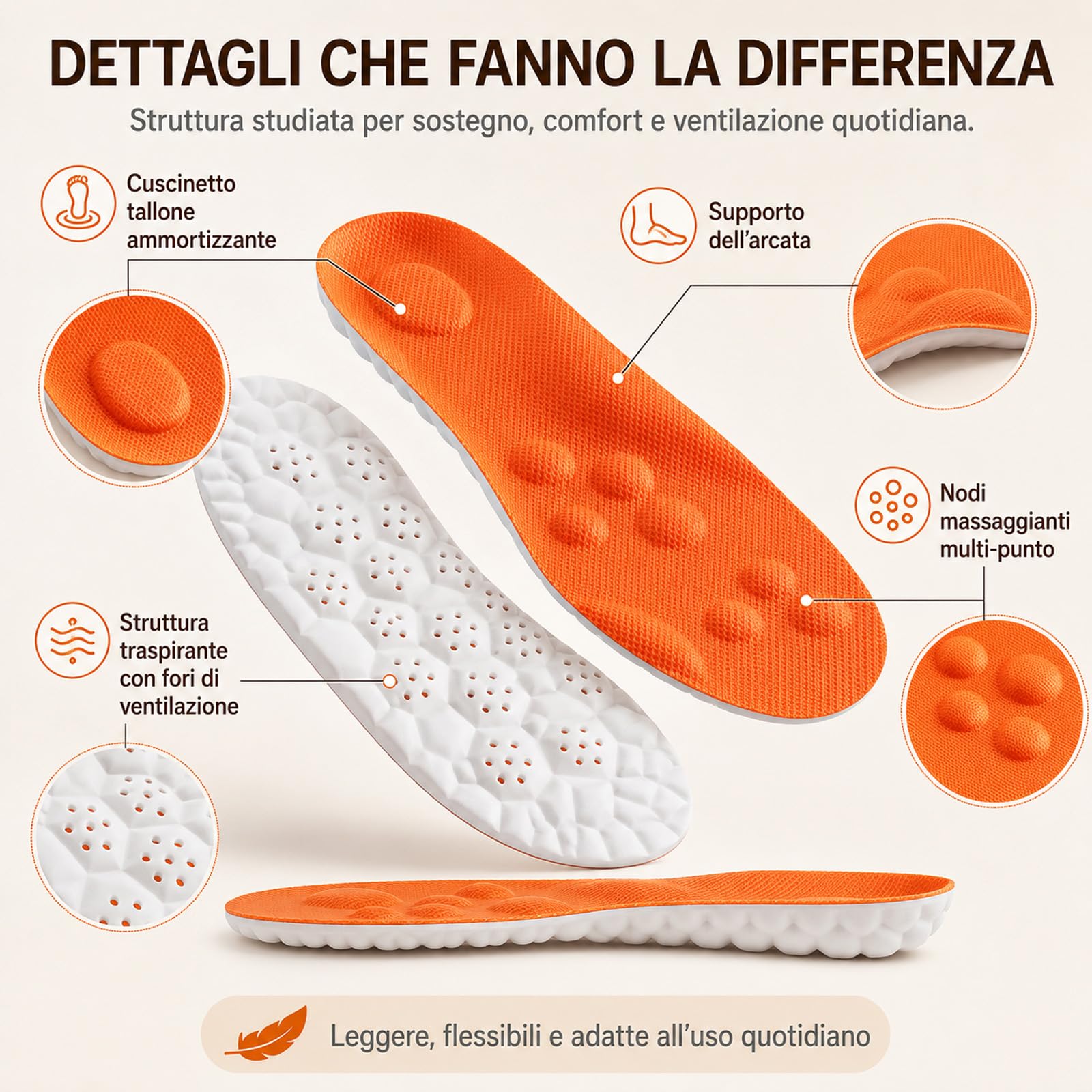 Plantari Stepvia Ortopedici Ammortizzanti, Traspiranti e Antiscivolo, Riducono Stanchezza e Dolore ai Piedi, Ginocchia e Schiena, Unisex Uomo Donna (Arancia, 43-44)