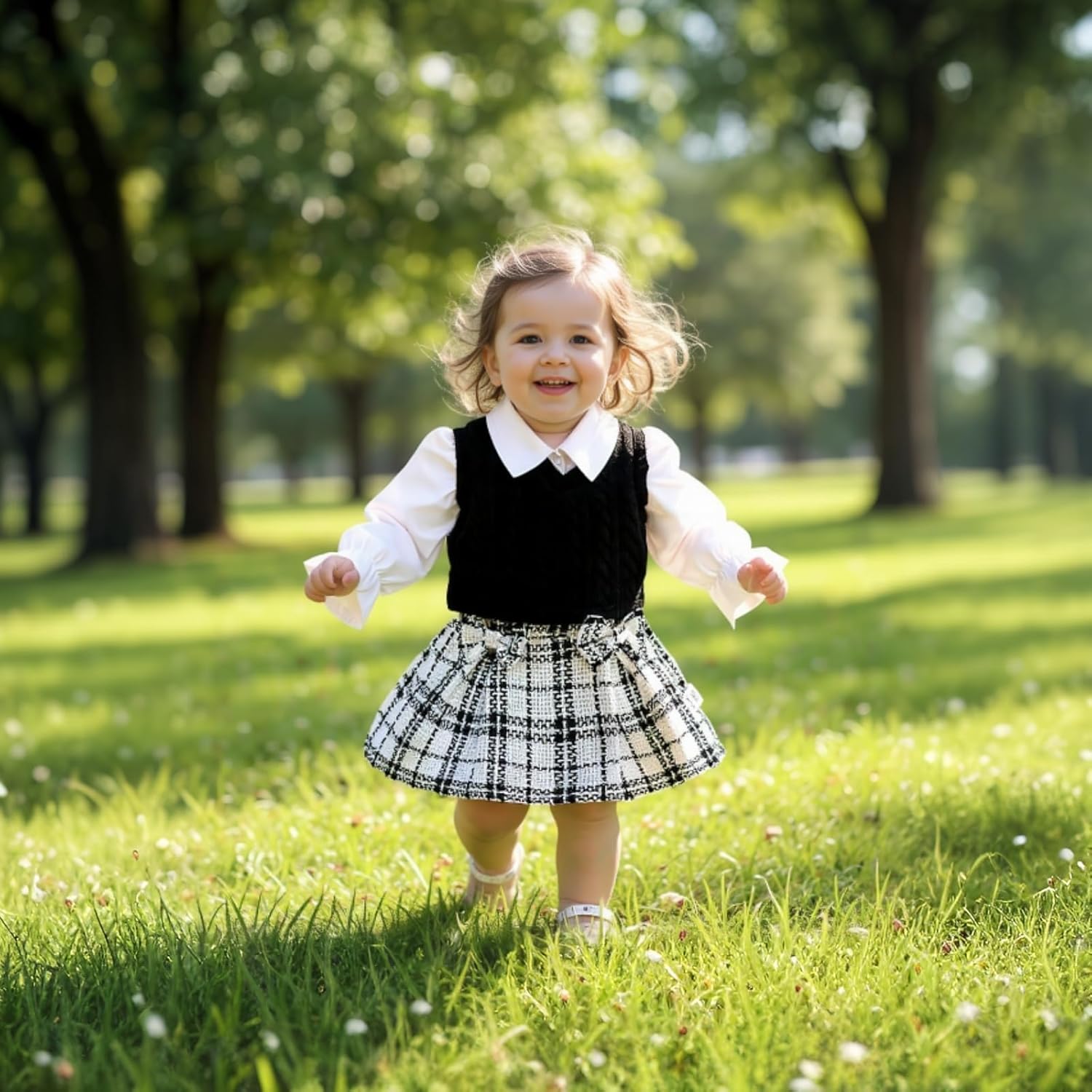 ChuYuKu Baby Girl Clothes Fall Winter Outfits Puff Sleeve Shirt Tartan Pleated Skirt Cute Vest Set Toddler Girl Dress Holiday - Image 3