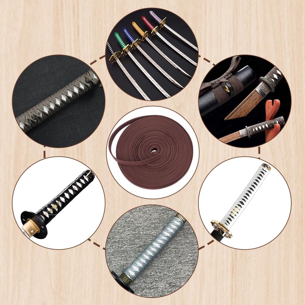 GORGECRAFT 10.9 Yard Synthetic Silk Ito Sageo Wrapping Cord 0.51 Inch Wide Saddle Brown Blend Sword Handle Cord Tsukamaki Sageo Scabbard Rope for Japanese Samurai Swords Wakizashi Tanto Handle Rope