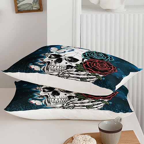 Miniatura 105 de AILONEN Juego de funda de edredón de calavera de azúcar, tamaño Queen, juego de funda de edredón de calavera de rosa roja, juego de ropa de cama