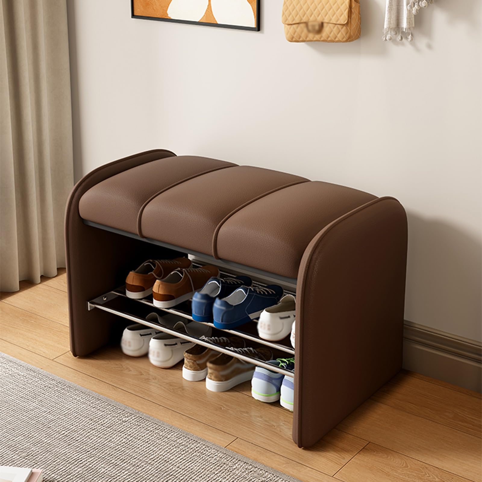 MSHGSKU 2 Tier Shoe Bench with Cushion Modern Leather Storage Ottoman Comfortable Footrest for Entryway Bedroom Living Room & Hallway (Brown 60 * 37 * 45cm)