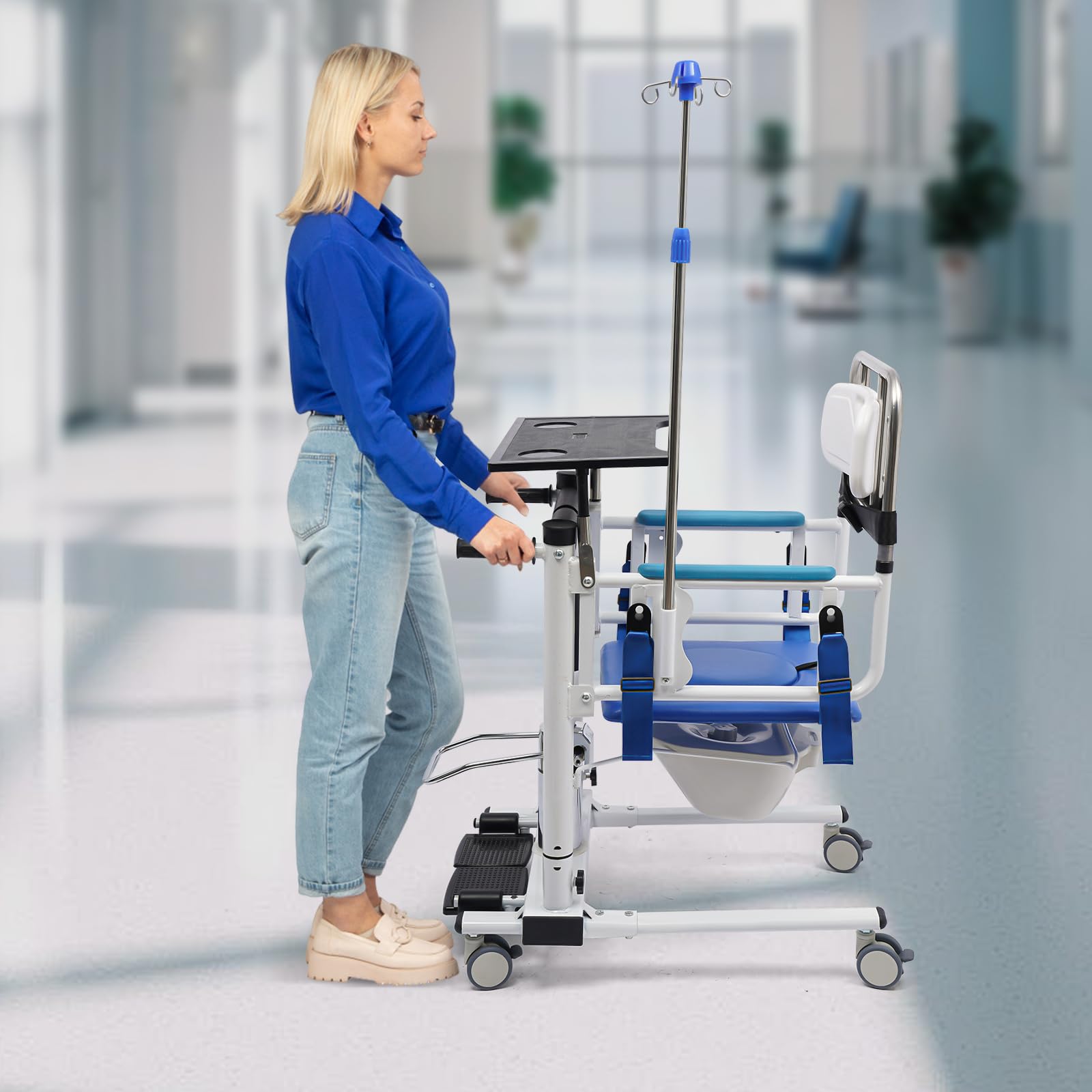 Podnośnik dla pacjentów, krzesło toaletowe z regulacją wysokości dla seniorów, wielofunkcyjny podnośnik hydrauliczny dla seniorów, krzesło toaletowe z kółkami/blatem do jadalni, podpórką infuzyjną,