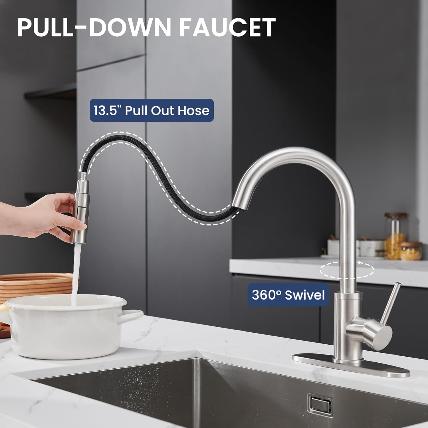 KPW Kitchen Faucet with Pull-Down Sprayer, Brushed Nickel, High-Arc Single Handle, Stainless Steel, Fits 1 or 3 Hole Sink - Image 3