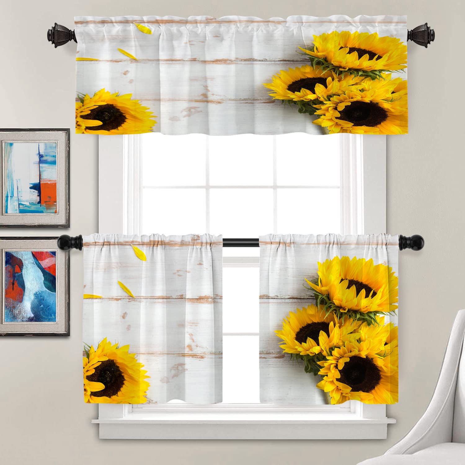 Batmerry White Yellow Sunflower Kitchen Valances Half Window Curtain, Rustic Wood Fall Autumn Flower Kitchen Valances for Windows Heat Insulated Valance for Decor Reducing The Light 52x 18 inch
