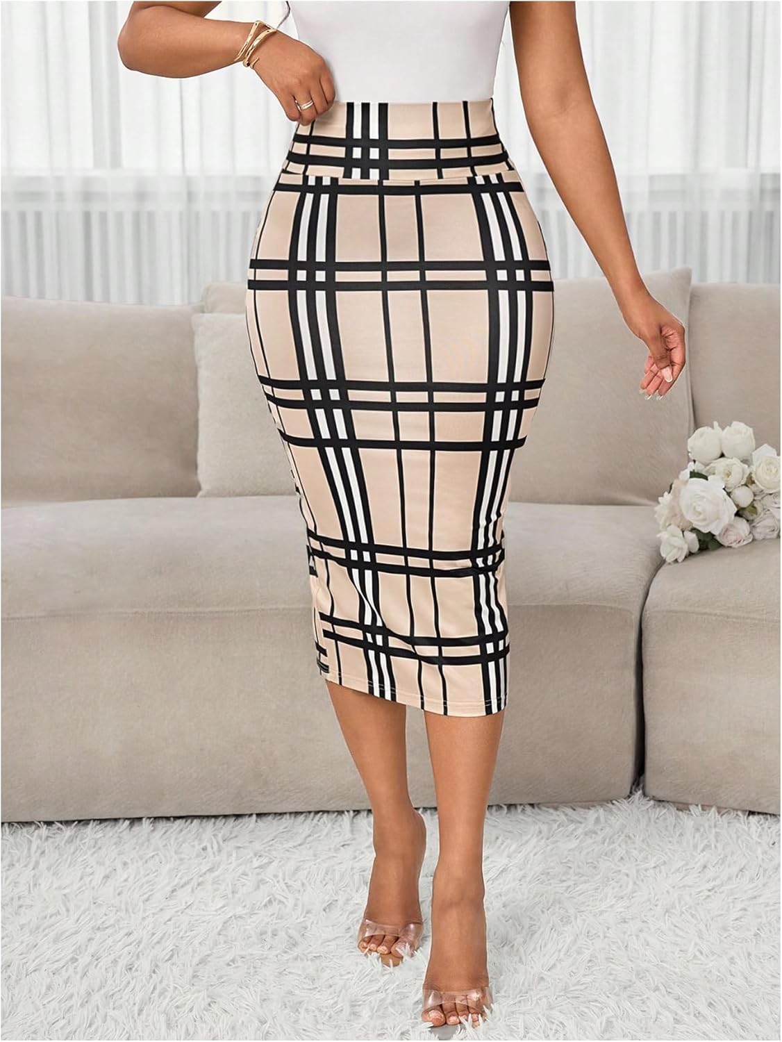 Milumia Women's Plus Size Plaid Midi Pencil Skirt Elegant High Waisted Slit Bodycon Casual Skirts - Image 4