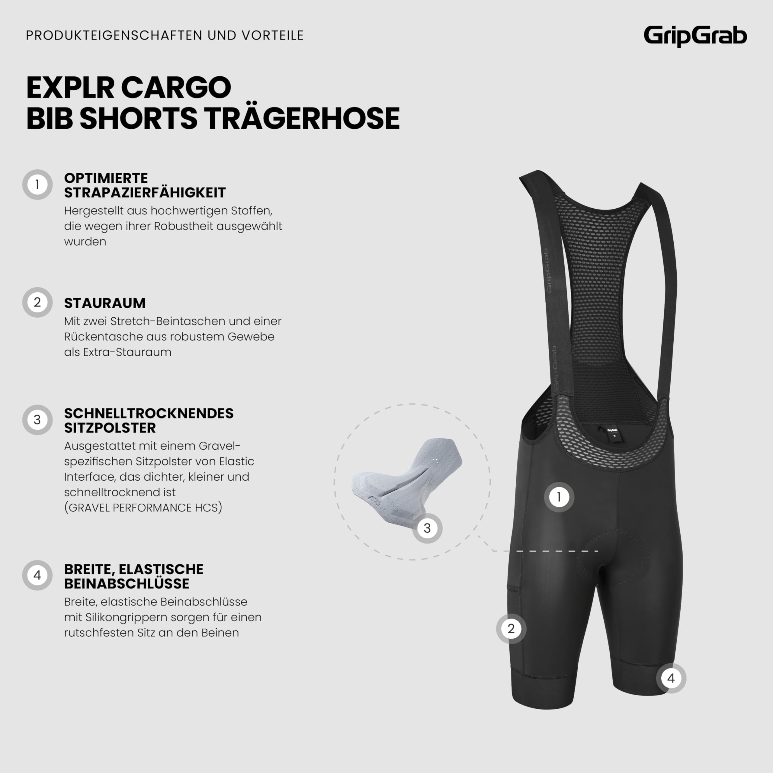 GripGrab EXPLR Gravel Cargo Bib Shorts Herren Radhose mit Beintaschen | Kurze Trägerhose für Gravel und MTB, mit 2 Beintaschen, 1 Rückentasche sowie hochwertigem Elastic Interface Sitzpolster