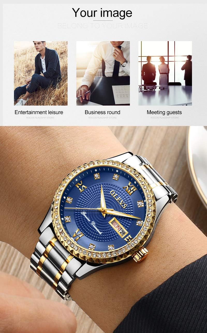 OLEVS Diamond Watches for Men,Business Dress Watch Waterproof Luminous,Male Golden Big Dial Luxury Casual Quartz Analog Watches with Day Date Calendar and Stainless Steel Band - Image 6