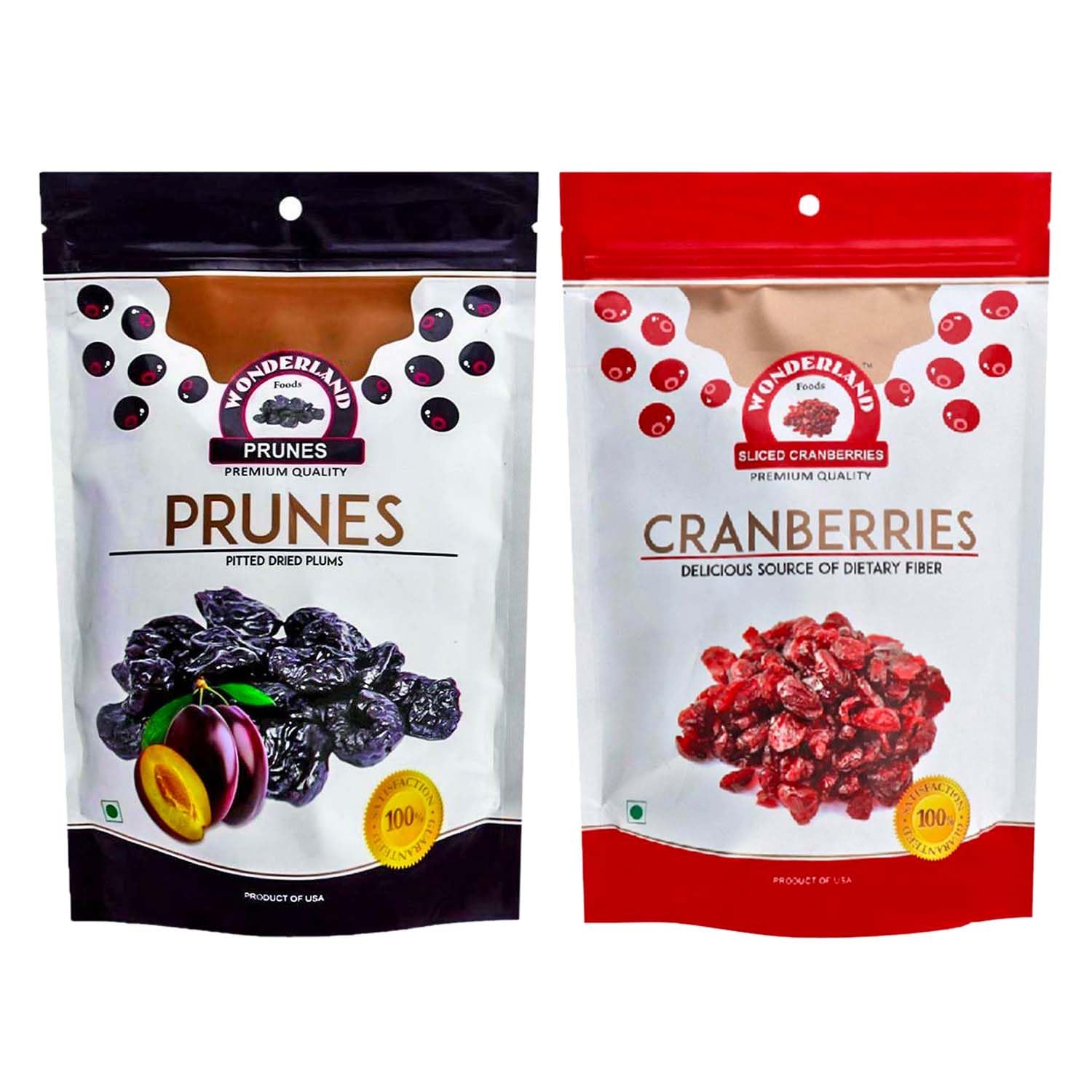 Wonderland Foods 400g (200g X 2) Dried Sliced Cranberries and Pitted Prunes Dry Fruits Combo Pack of 2