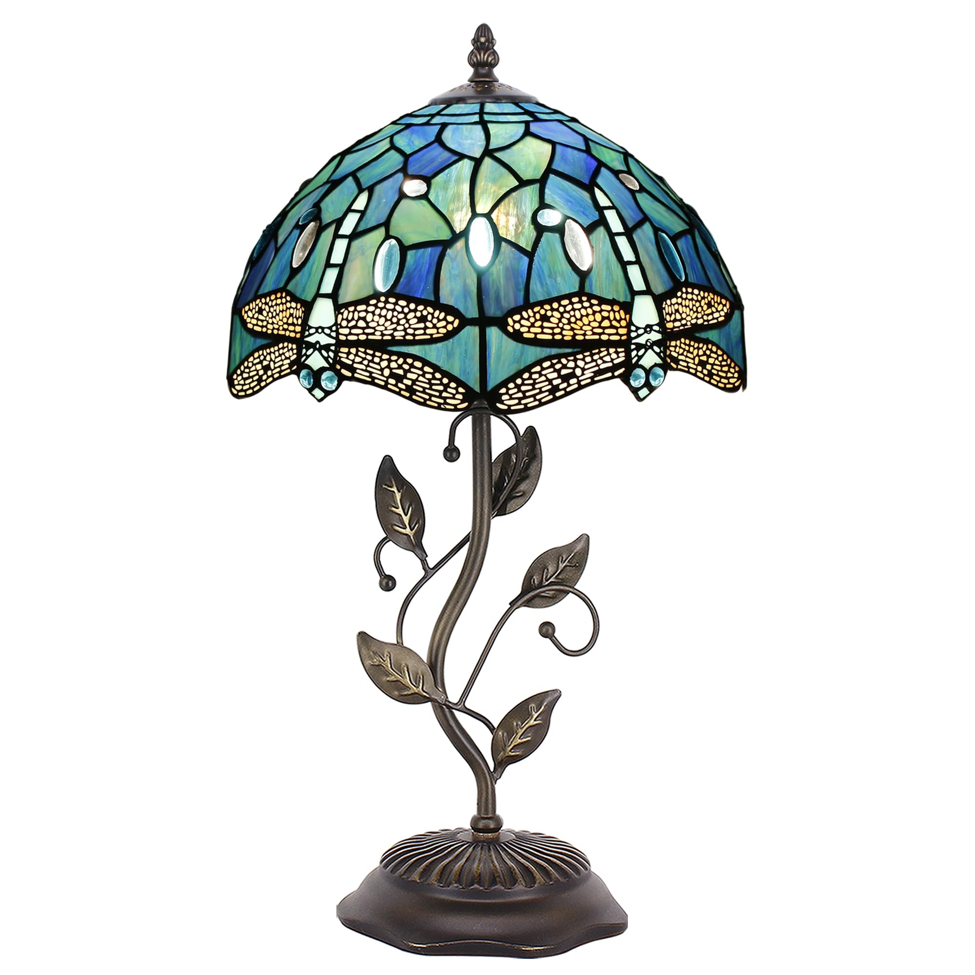 ZJART Tiffany Table Lamp Stained Glass 12X12X19 Inches Navy Blue Dragonfly
