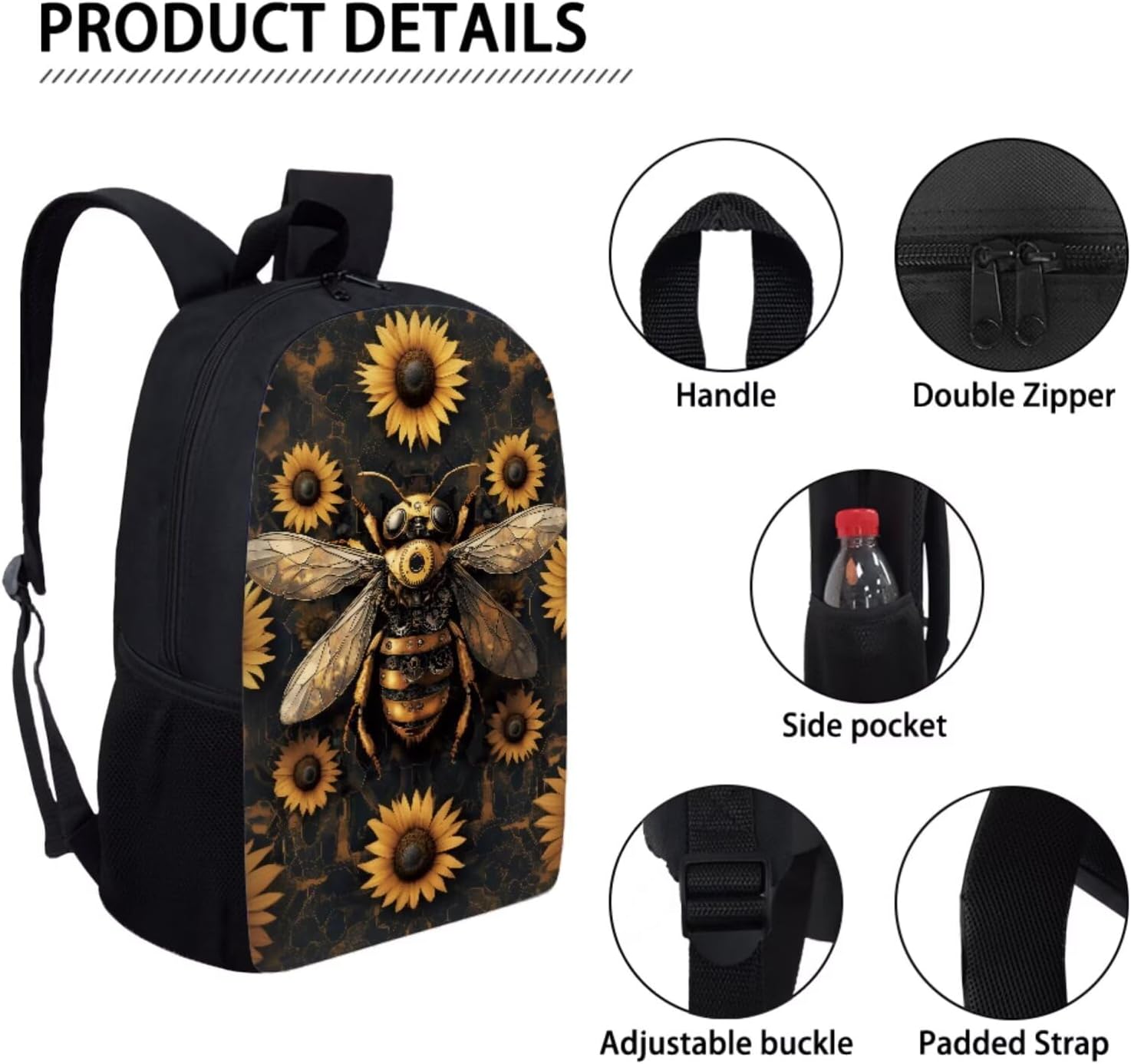 Suobstales Bee Sunflower Print Backpack with Lunch Bags and Pencil Case Set of 3 Elementary School Bags for Kids Girls Teens Large Capacity Bagpack Rucksack Travel Outdoor Daypack