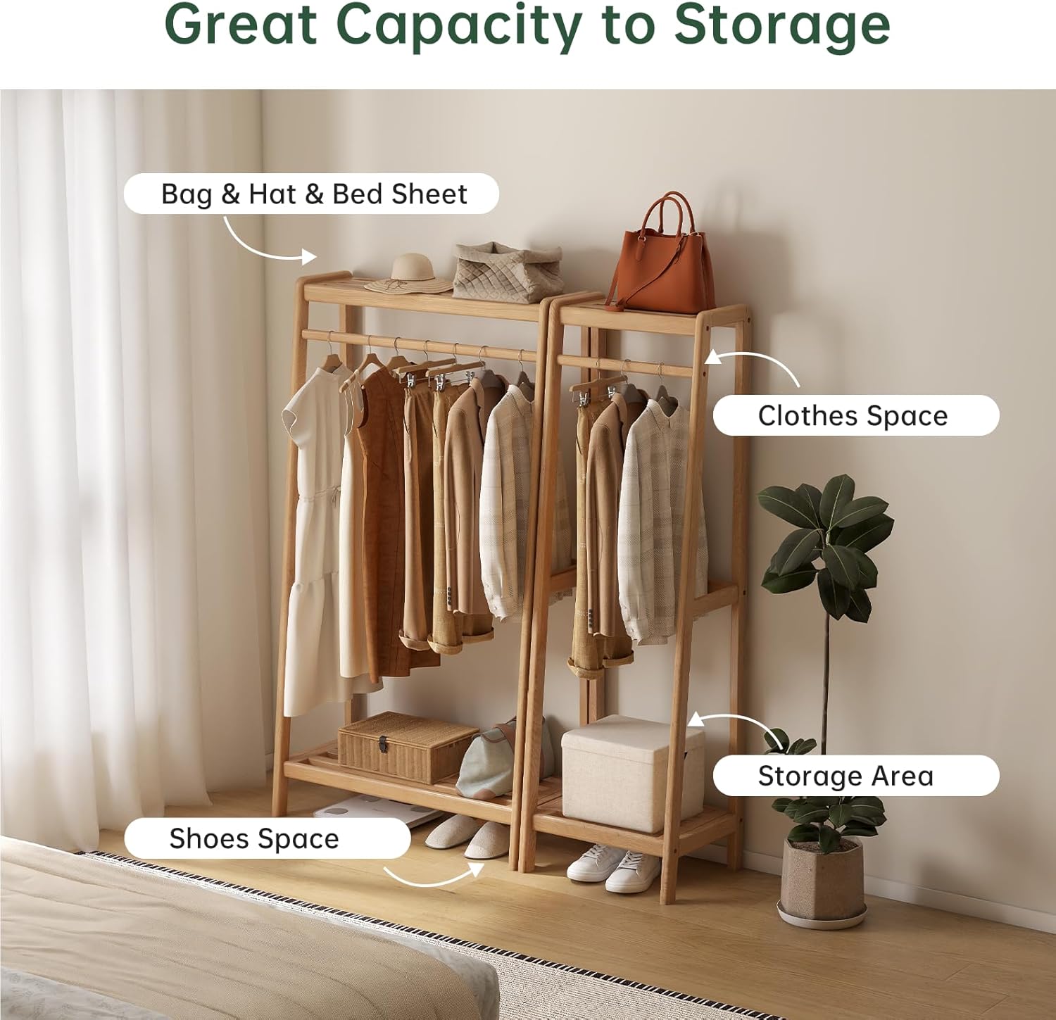 Solid Oak Wood Clothing Rack, Garment Rack with Shelves, Clothes Rack for Bedroom, Living Room, Entryway, 16" x 35" x 63" - Image 7