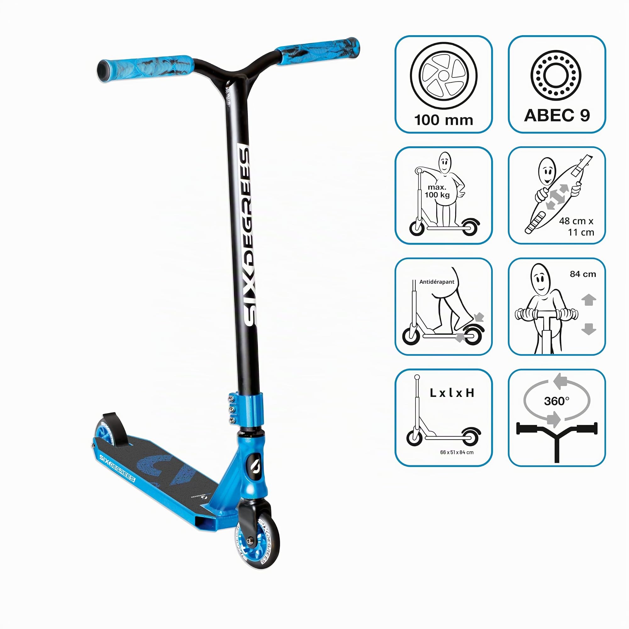 Six Degrees Aluminium Stunt Scooter - Freestyle Kick Scooter, 100 mm High Rebound Wheels, ABEC 9, Reinforced Wing Handlebars, 360° Steering