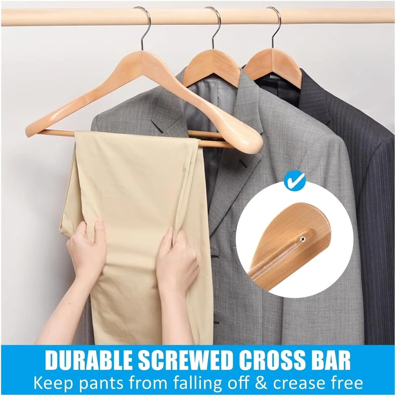 2pcs Wide Shoulder Solid Wood Suit Hangers with Smooth Surface Suitable for Sweaters, Pants, Heavy Clothes
