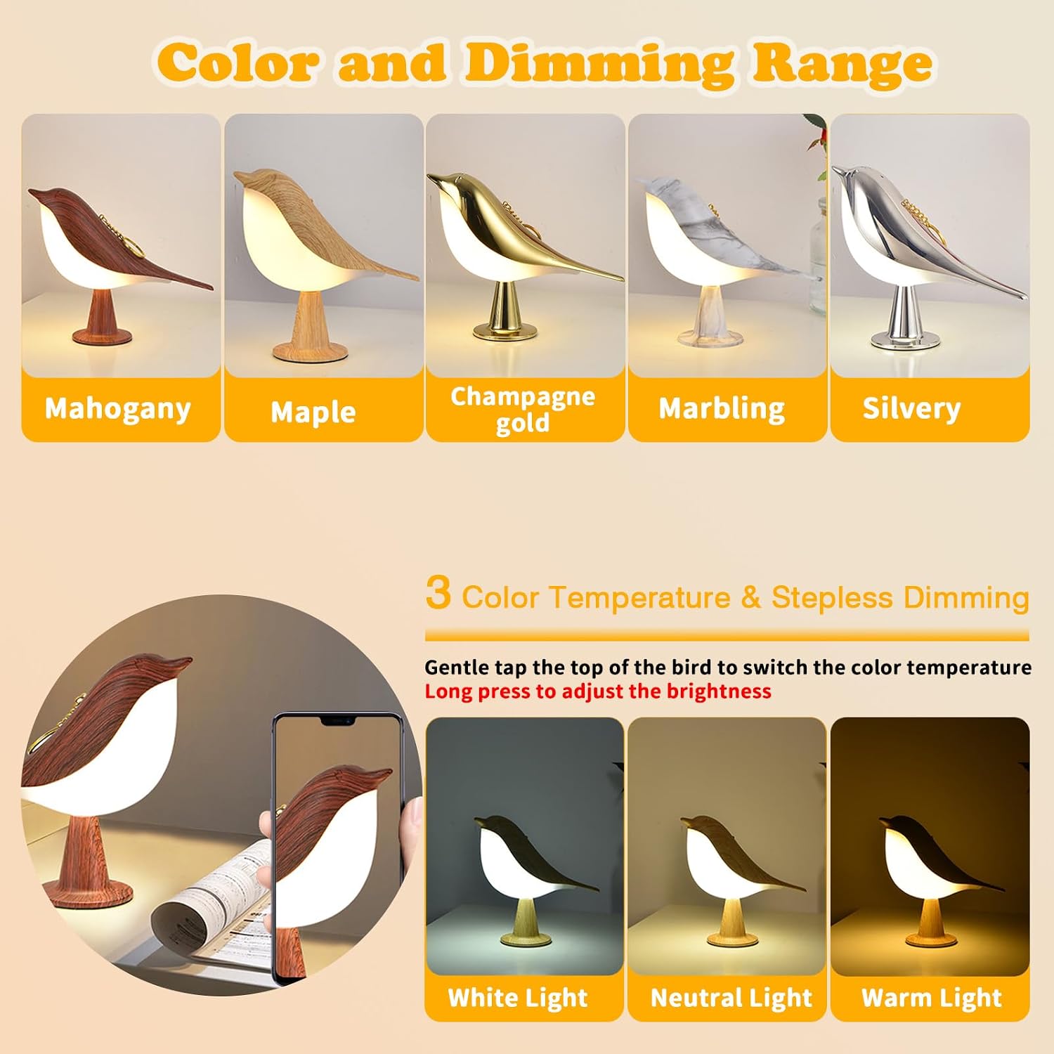 Night Light for Kids, Bird Light Small Lamp Touch Lamp with 3 Level Brightness Rechargered Animal Lamp Red Plastic Dimmable Lamp Nursery Light Cute Lamp Table Lamp for Bedroom, Kitchen (Mahogany)