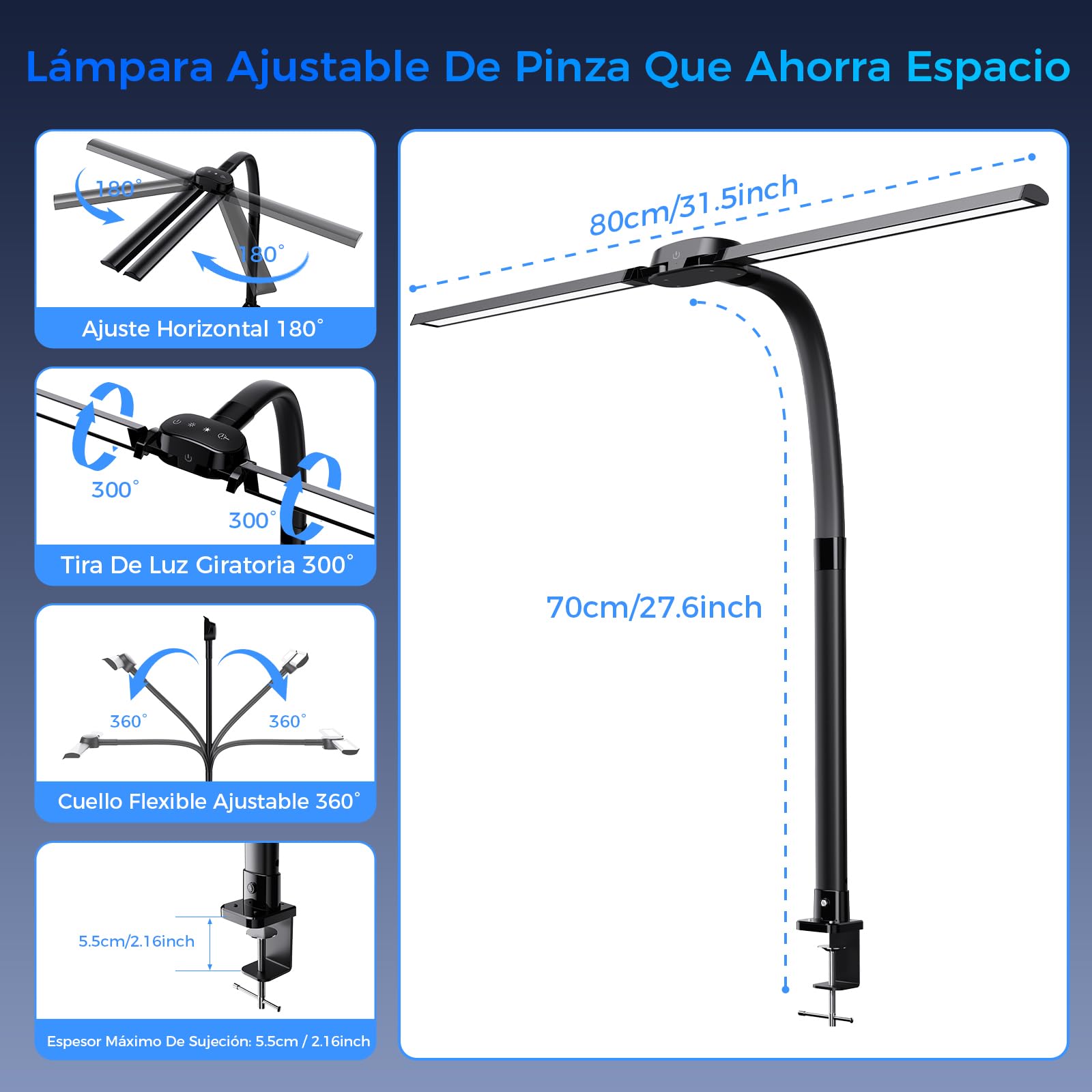 T01 Lampara de Escritorio de LED con Control Remoto - 24W 1400LM 80CM Flexo LED Escritorio con Pinza Luz Leer Puerto de carga USB para Estudiar, Oficina, Negro