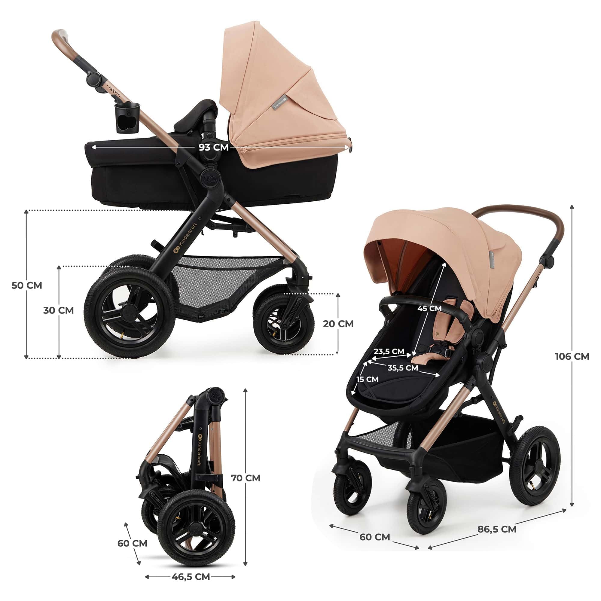 Kinderkraft MOOV 2 AIR, carrito 4 en 1 con capazo y silla de paseo 2 en 1, ruedas hinchables todoterreno, Travel System con MINK PRO i-Size, hasta 22 kg, Beige