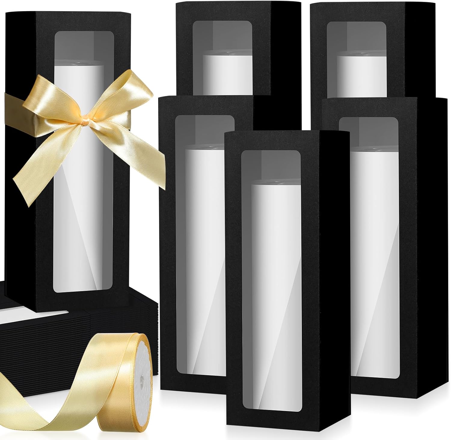 Honoson 24 Pcs Gift Boxes for Sublimation Tumblers Transparent Gift Wrapping Box with Ribbon for 12oz, 20oz, 30oz Heat Press Sublimation Blanks Skinny Cup(Black)