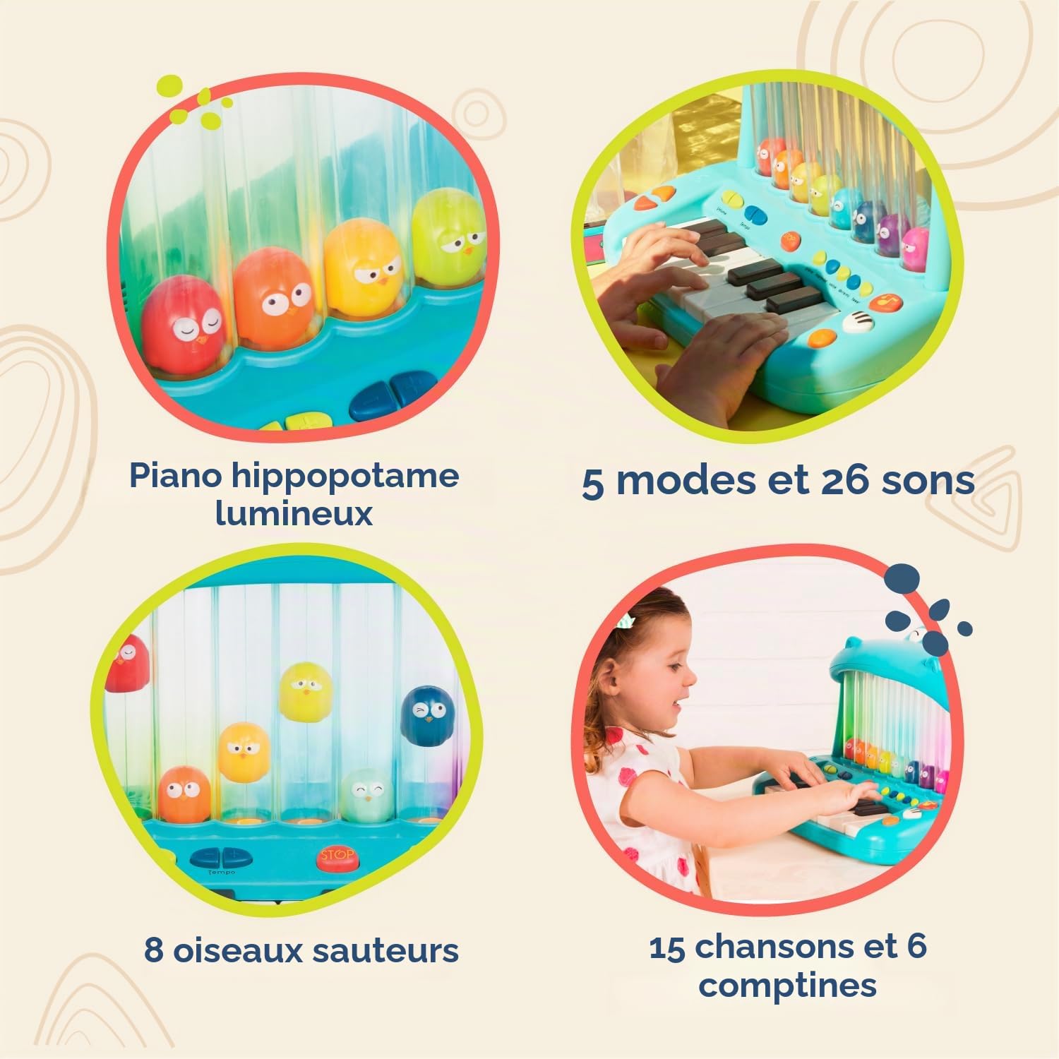 B. toys Hippo Pop Clavier Jouet Lumineux Piano à Oiseaux bondissants | Piano jouet avec 8 touches, 15 chansons, 6 comptines, 26 sons, 5 modes musicaux et réglage du tempo, Lot de 1, 1 ans et +