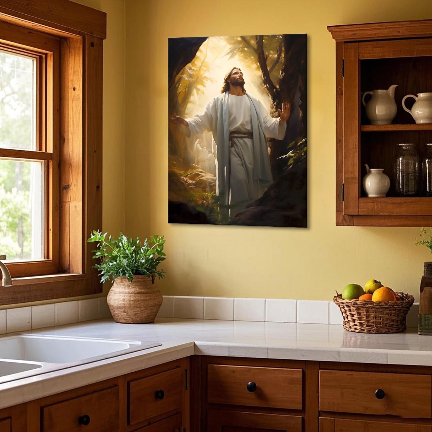 Jesus Canvas Wall Art Christian Wall Decor Picture Painting Jesus Praying in the Garden of Gethsemane Printed Poster for Living Room Bedroom Church Decoration (WE000006-1, 12.00" x 18.00", Framed)