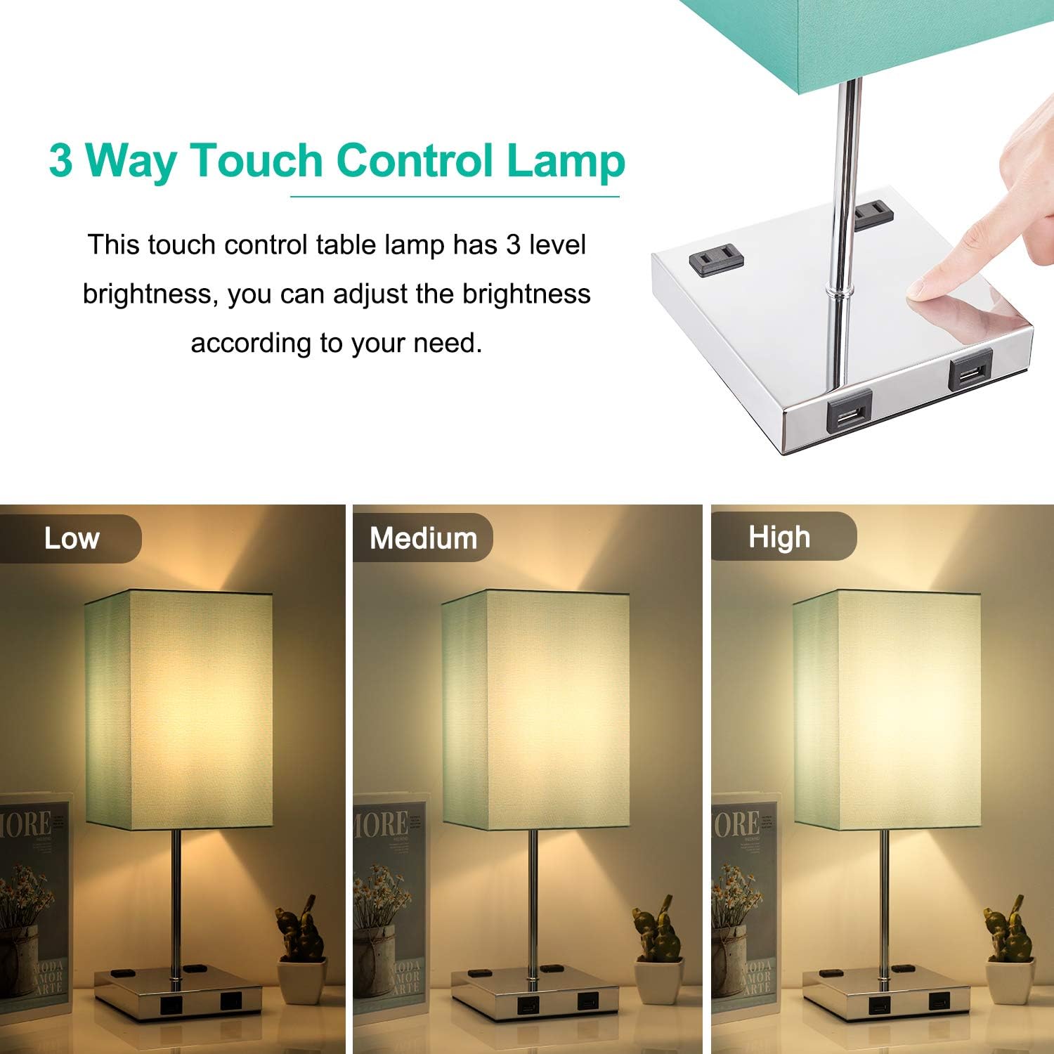 USB Table Lamp, Aooshine 3 Way Touch Control Bedside Lamp with Dual USB Charging Ports & Dual 2-Pin Outlet, Light Blue Lampshade and Sliver Base, E26 Base 2700K Warm White LED Bulb Included - - 