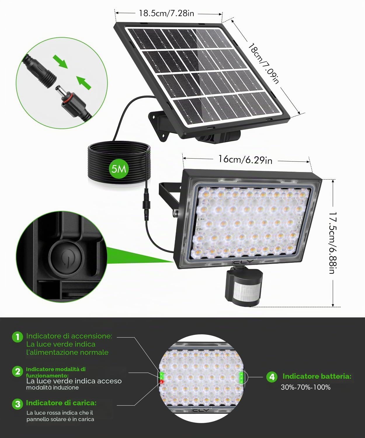 CLY Luce Solare Led Esterno Con Sensore Di Movimento 30W 2600LM 2500K-6500K | Faretti Solari Led Da Esterno 6 Modes Faretto LED Da Esterno Solare IP66 Faro Led Esterno Con Pannello Solare 5000mAh