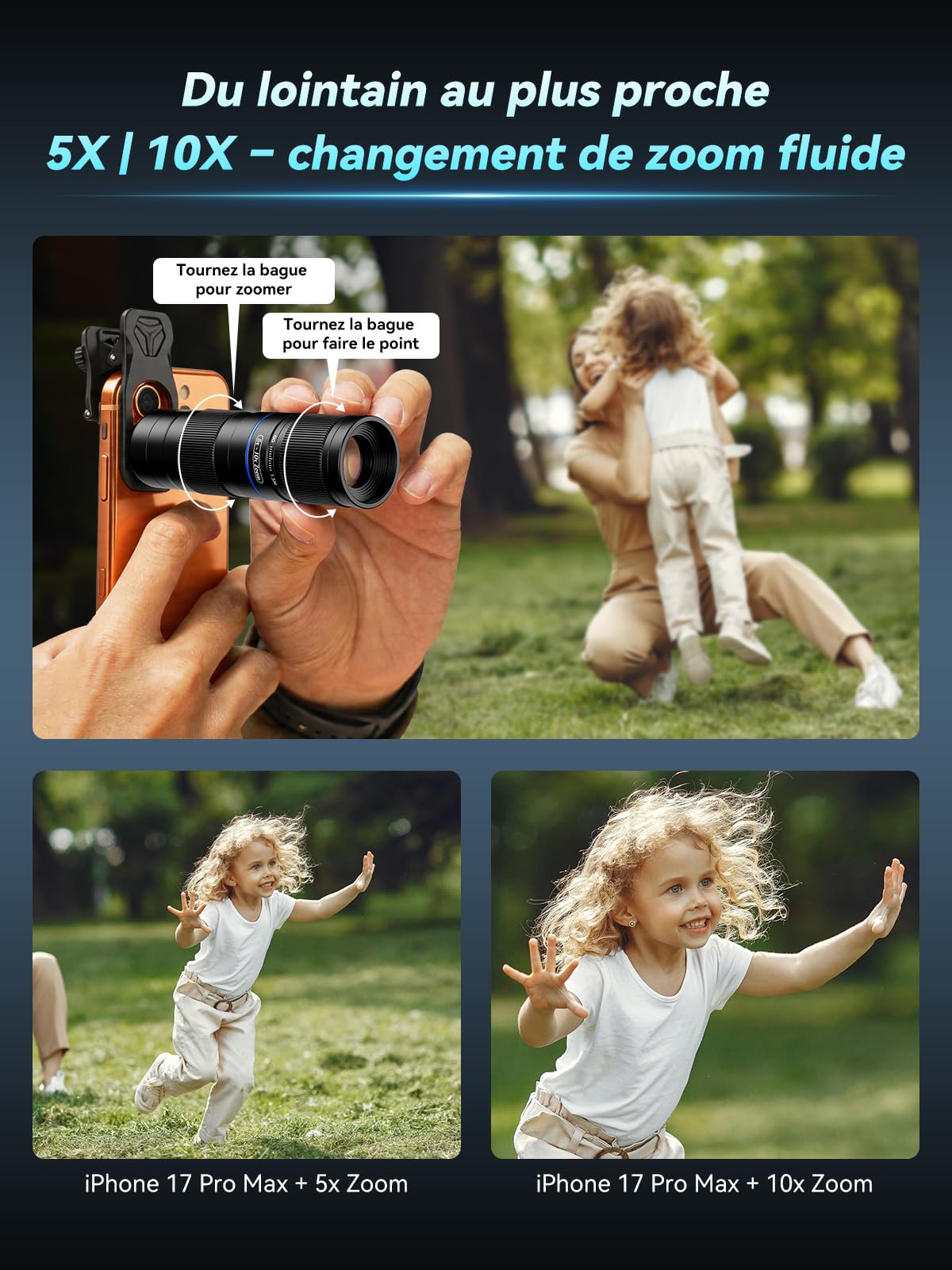 APEXEL TeleZoom 5-10X, objectif zoom téléobjectif 5-10x 150-300 mm, clip universel pour téléphones portables, optique multicouche, compatible avec iPhone Samsung Huawei
