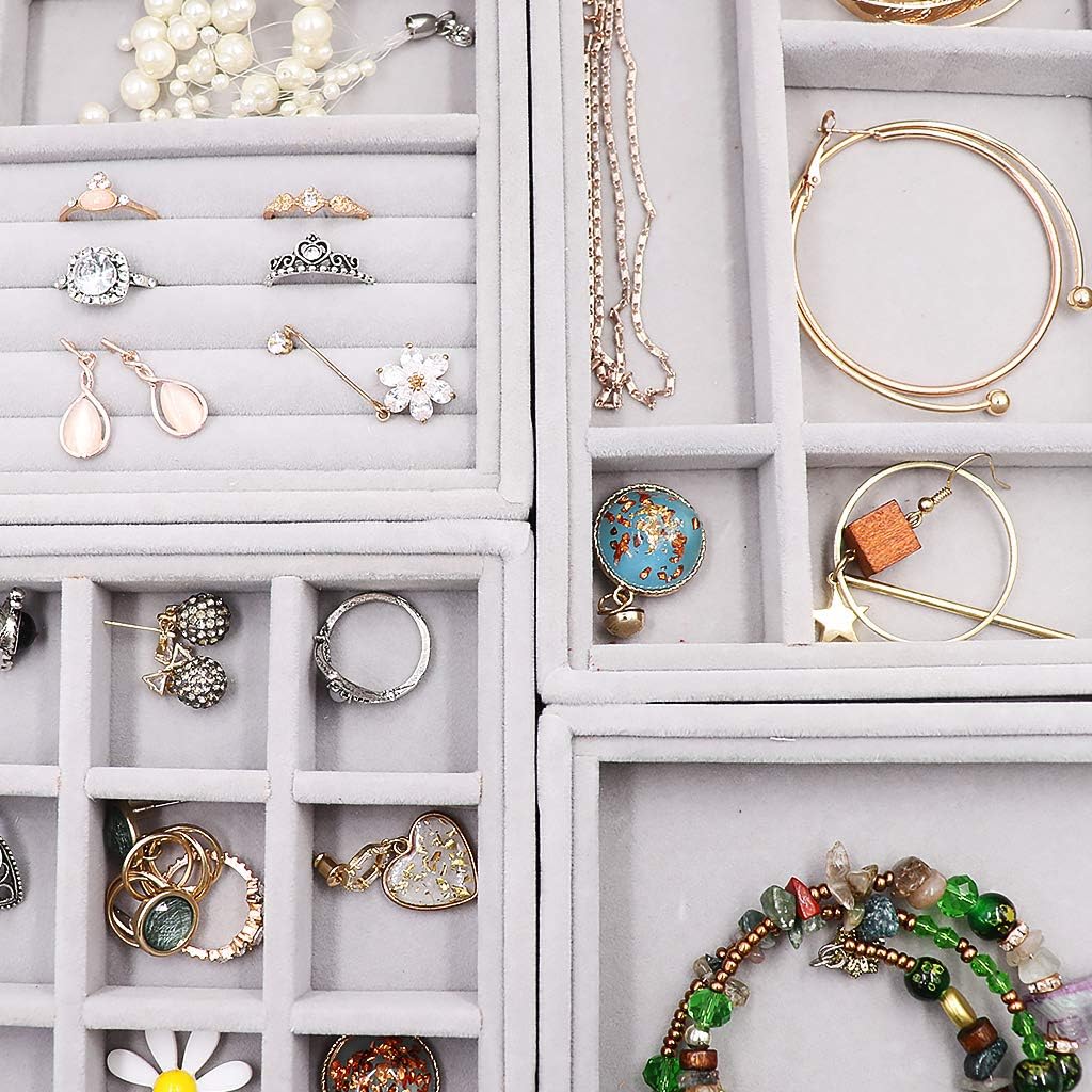 Velvet Jewelry Drawer Inserts Trays, Earring Organizer Stackable Jewelry Display Trays, Box Ring Holder Necklace Case, Storage for Bracelet Brooch Watch, Set of 4 (Gray) : Clothing, Shoes & Jewelry