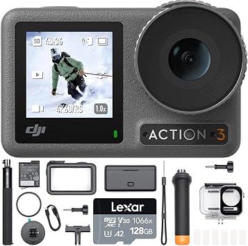 DJI Osmo Action 3 Action Camera - Adventure Combo Bundle with Osmo Action 3 Diving Accessory Kit and 128GB MicroSDXC Memory Card with Adapter