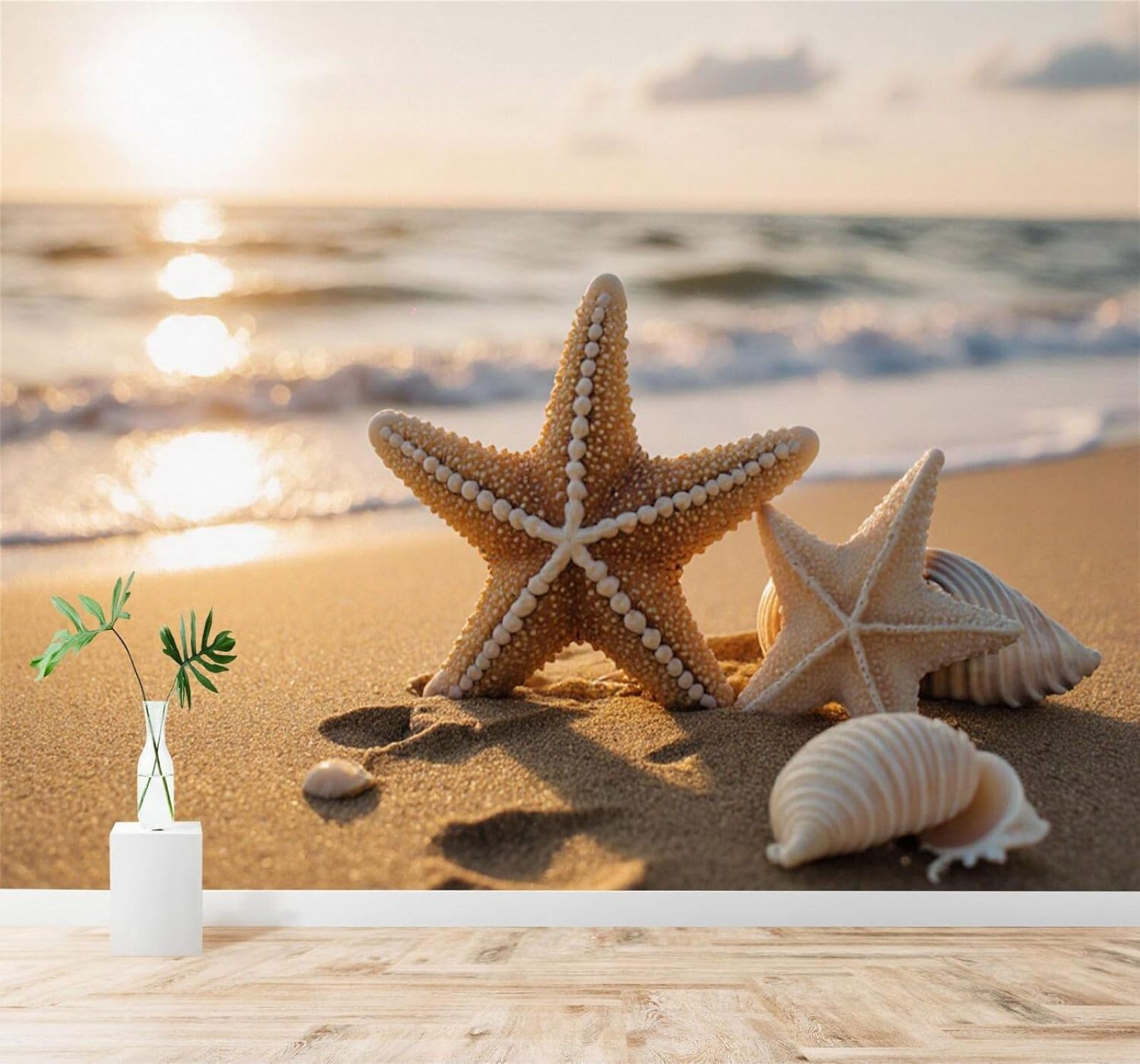 XLMING Beautiful Starfish Seashells Beach Ocean Sunset 3D Wallpaper Silky Texture Home Study Office Grey Dining Room Sofa Bedroom Living Room TV Backdrop-250cm×170cm