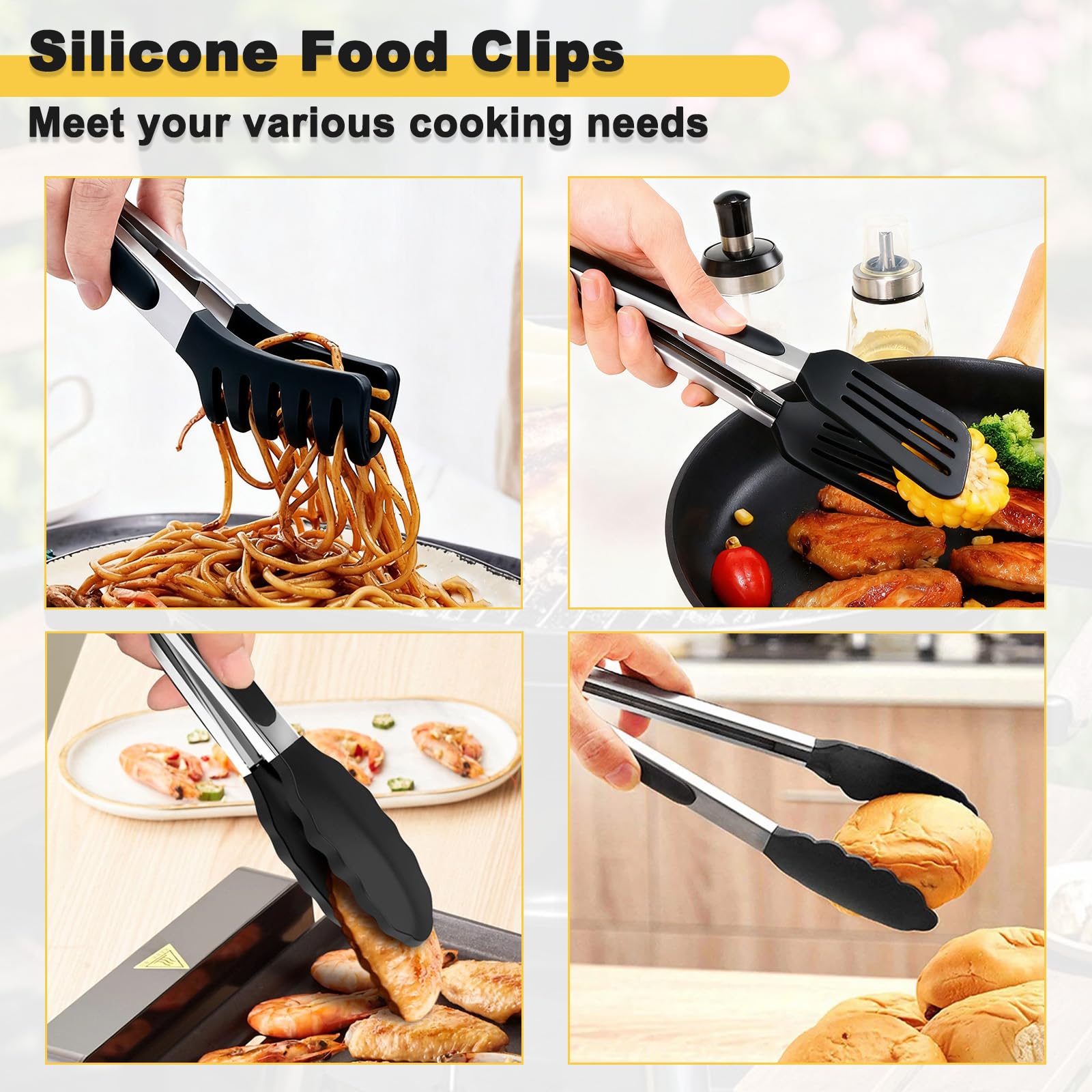 Confezione da 3 pinze da cucina con gadget per il riposo, pinze da cucina multifunzionali antiscivolo con punta in silicone, frittura, cottura e insalata