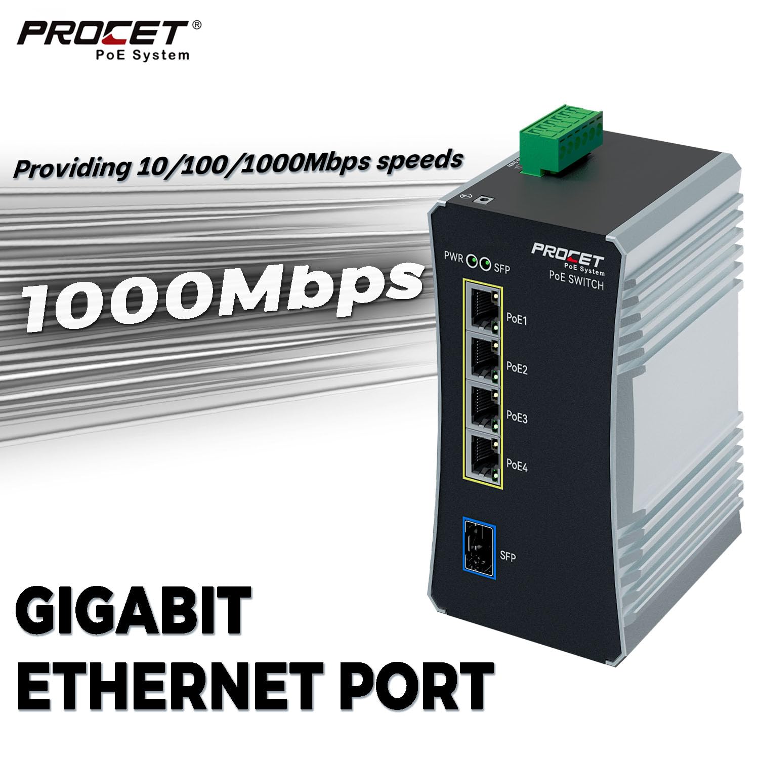 Procet Commutateur PoE Gigabit 4 ports Din Rail, 90 W/port, convertisseur de média en fibre PoE++ industriel avec large température -40 °C à 65 °C, fente SFP, entrée AC/DC,