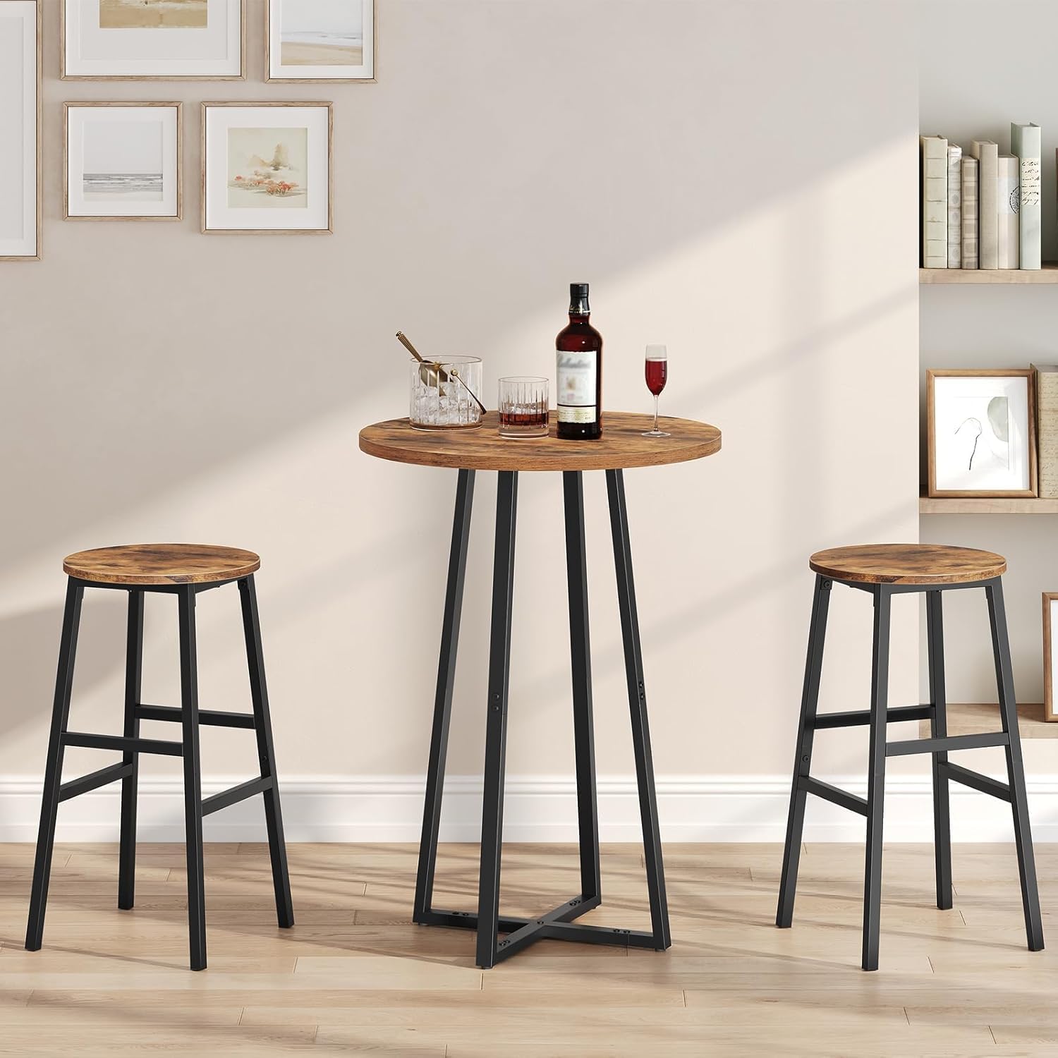 Bar Table Set with 2 Stools | Round Wooden Bar Table with Metal Frame for Home, Kitchen, Dining, Cafe & Balcony