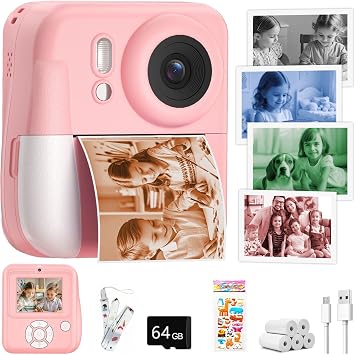 Kids Camera Instant Print, Dual-Lens 1080P Camera with Color Photo Printing 64GB SD Card, Portable Toddler Camera Toy for Girls Boys Age 3-12, Christmas Birthday Gifts for 3 4 5 6 7 8 Year Old, Pink