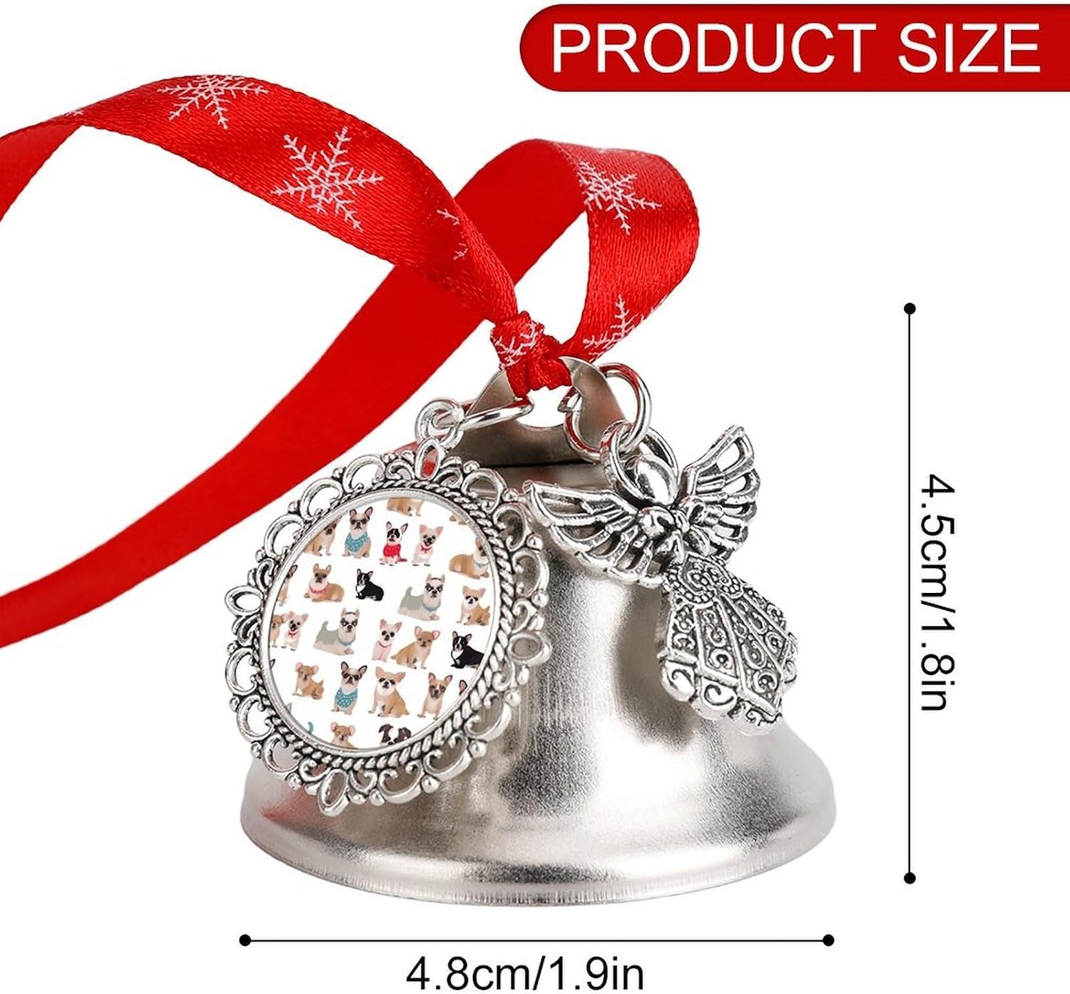 Cute Chihuahua Pug Pattern Bell Ornament Red Ribbon for Christmas Tree Holiday Decoration Personality Believe Bell Ornaments Sleigh Bells for Winter New Year Party Supplies