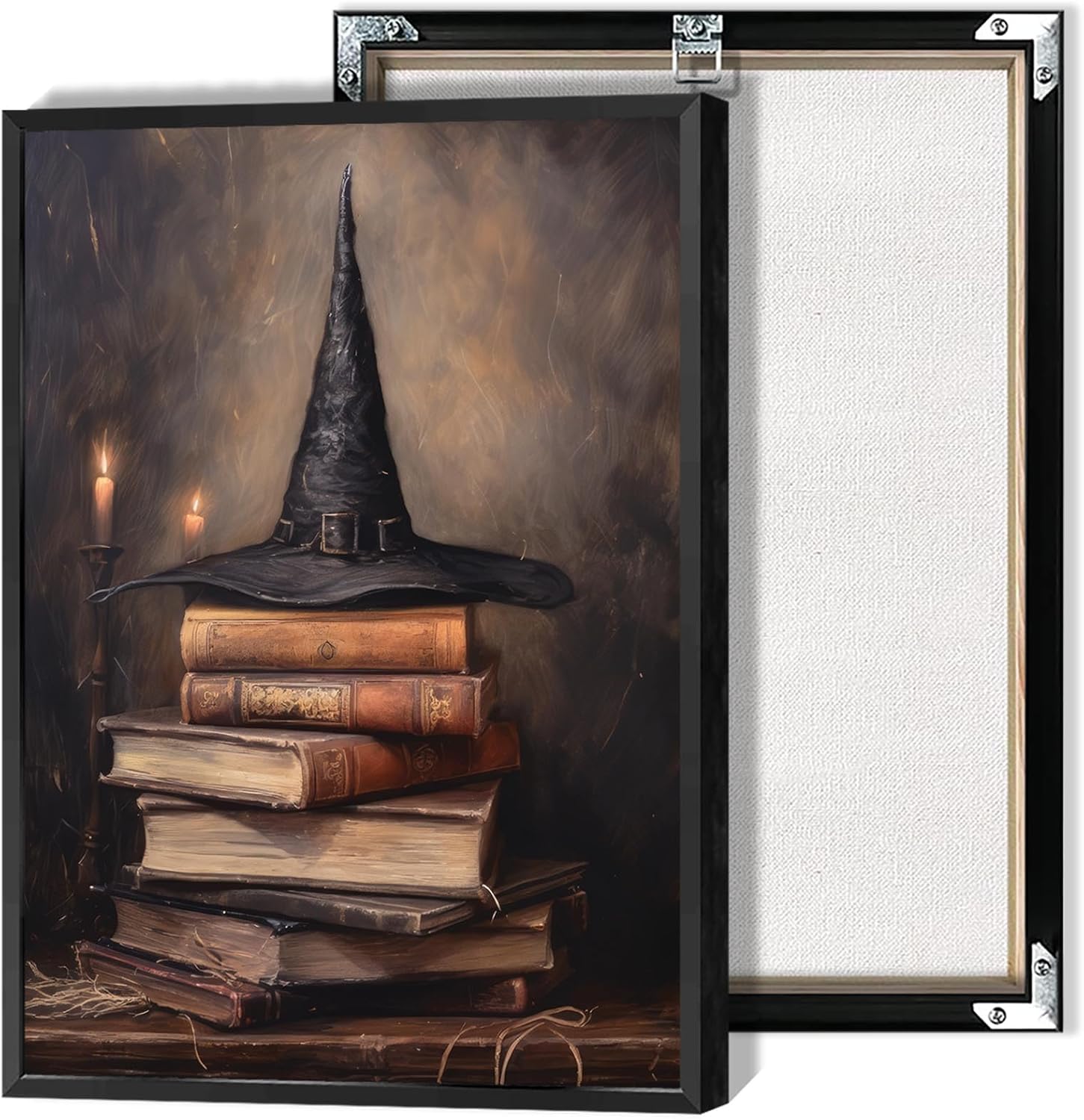Vintage Halloween Witch Hat Wall Art Halloween Witch Horror Canvas Posters Dark Academia Witchy Spells Books Prints Painting For Living Room Bedroom Home Office Wall Decor 16x24in Black Framed
