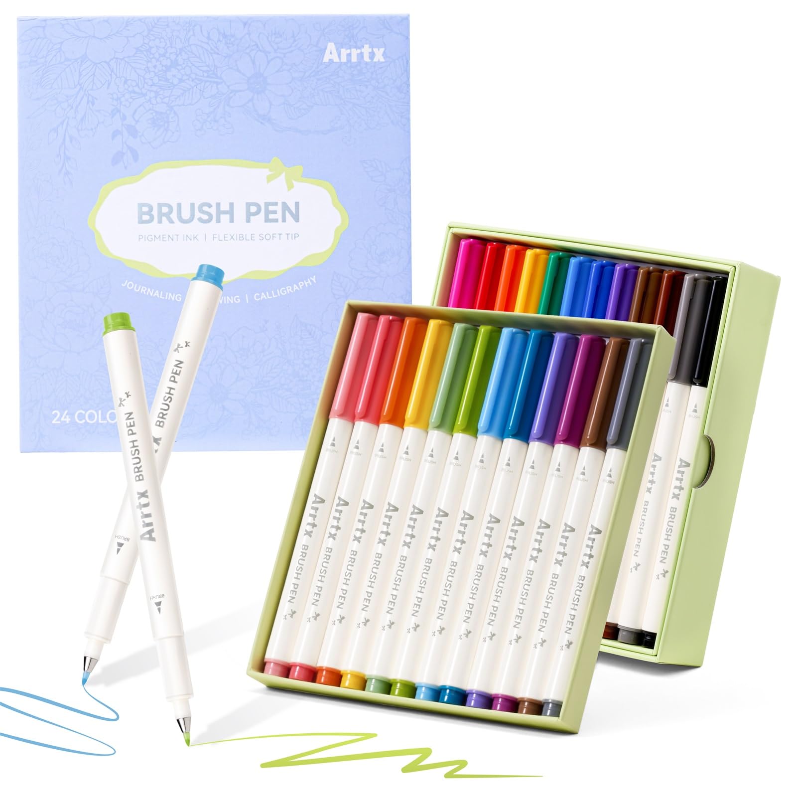 Arrtx Brush Tip Marker Pens, 24 Colors Brush Pens with Flexible Tip, Water Based Assorted Colors for Adult Hand Lettering Journaling Calligraphy Drawing Writing