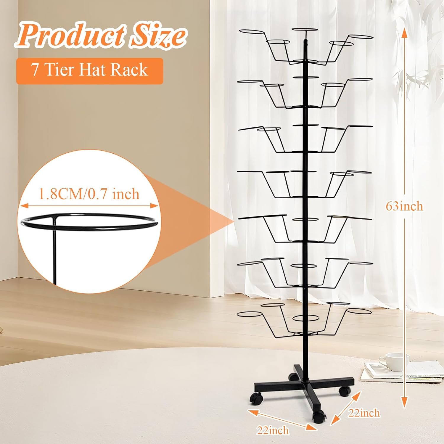 uyoyous 7-Tier Rotating Hat Rack, Freestanding Hat Display Stand with Wheels, Holds 35+ Caps, Heavy-Duty Metal Hat Organizer for Retail Stores & Home Use