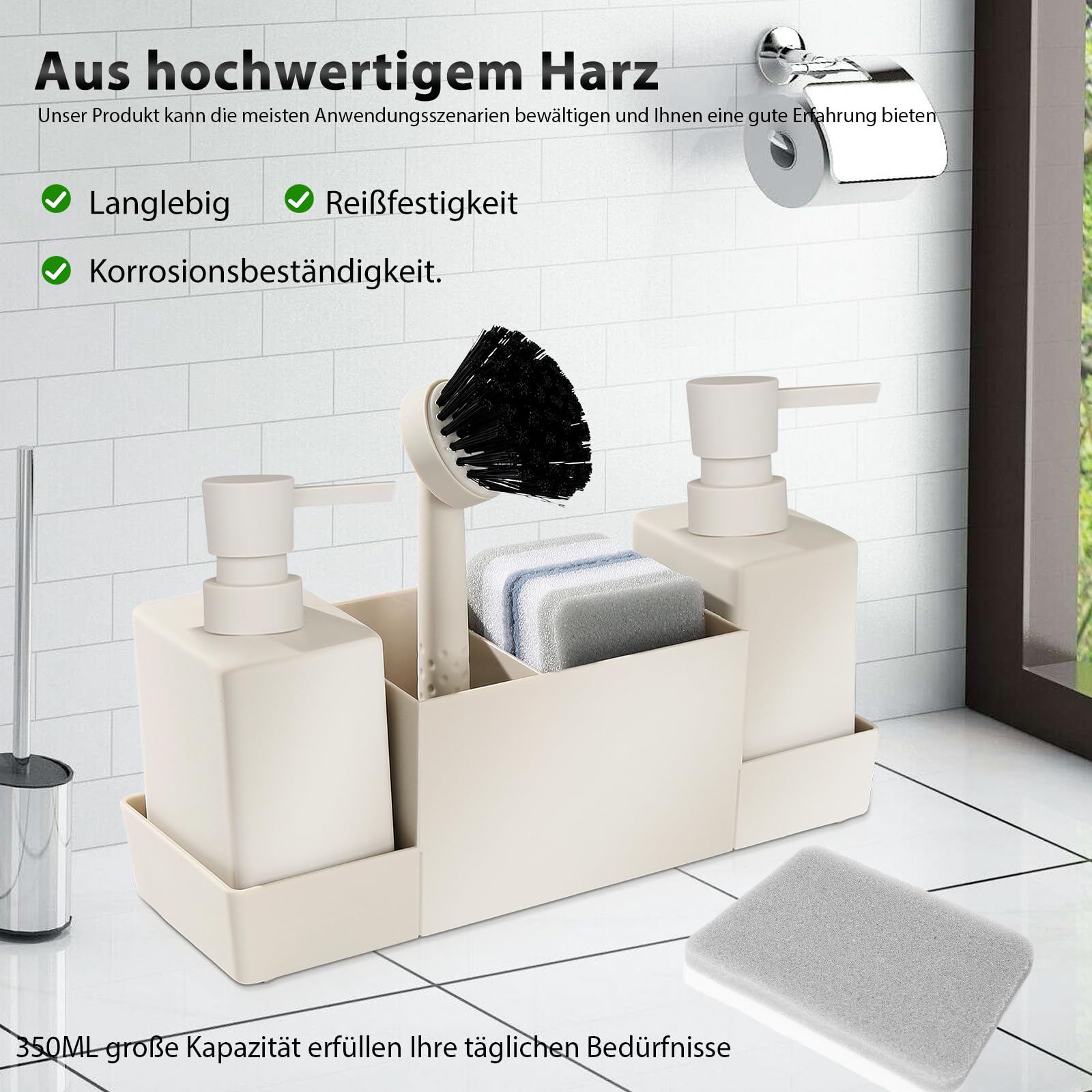 HOSPAOP Organisateur d'évier de cuisine en plastique avec distributeur de liquide vaisselle, brosse et éponge à vaisselle, distributeur de savon, brosse éponge, Beige