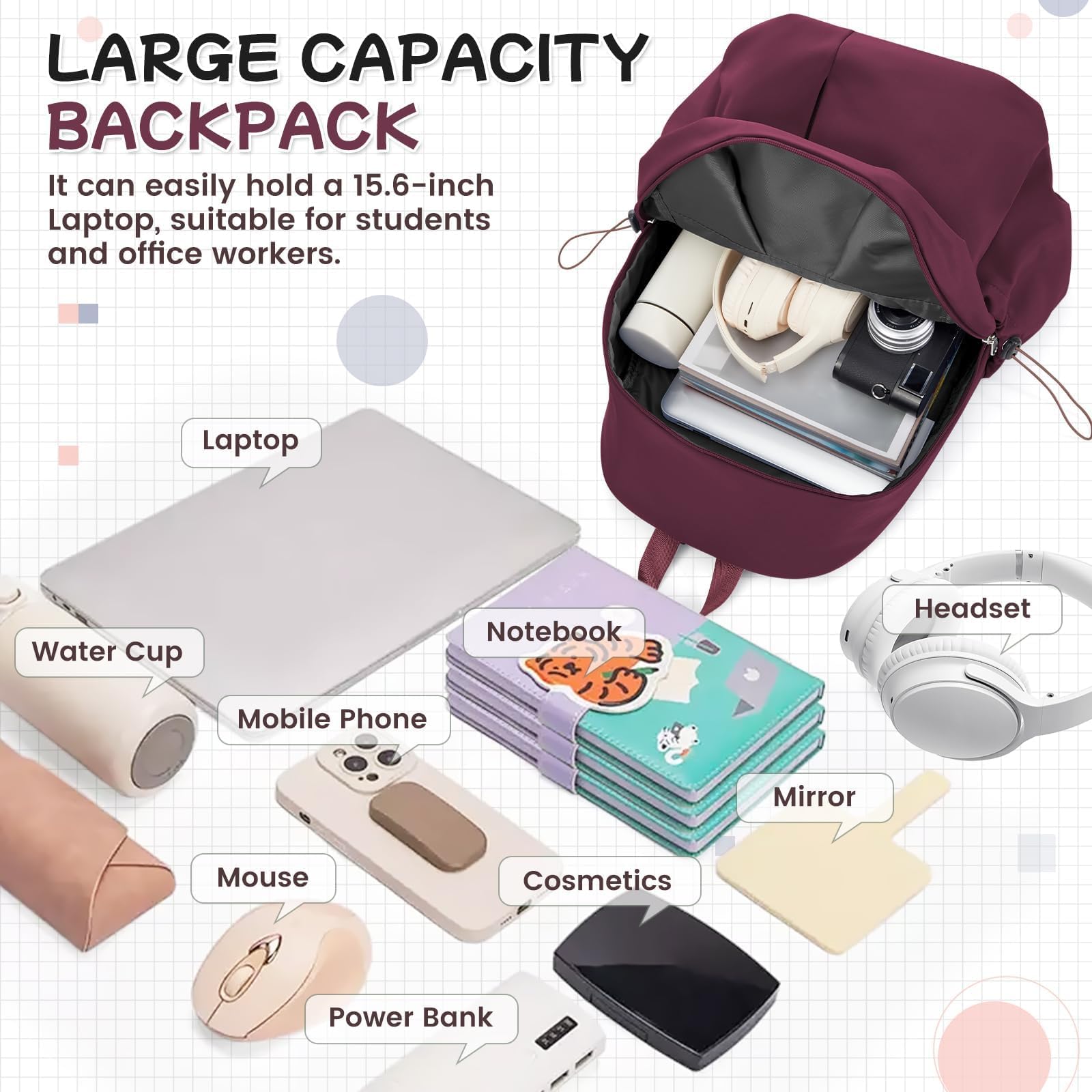 HYC00 Zaino Scuola Media Ragazza Zaino da Scuola Superiore Leggero Zaino Università College Zaino Casual Daypack Backpack Zaini Scuola Cartella Impermeabile 14 Pollici Laptop Bag Zainetto Zaini Donna