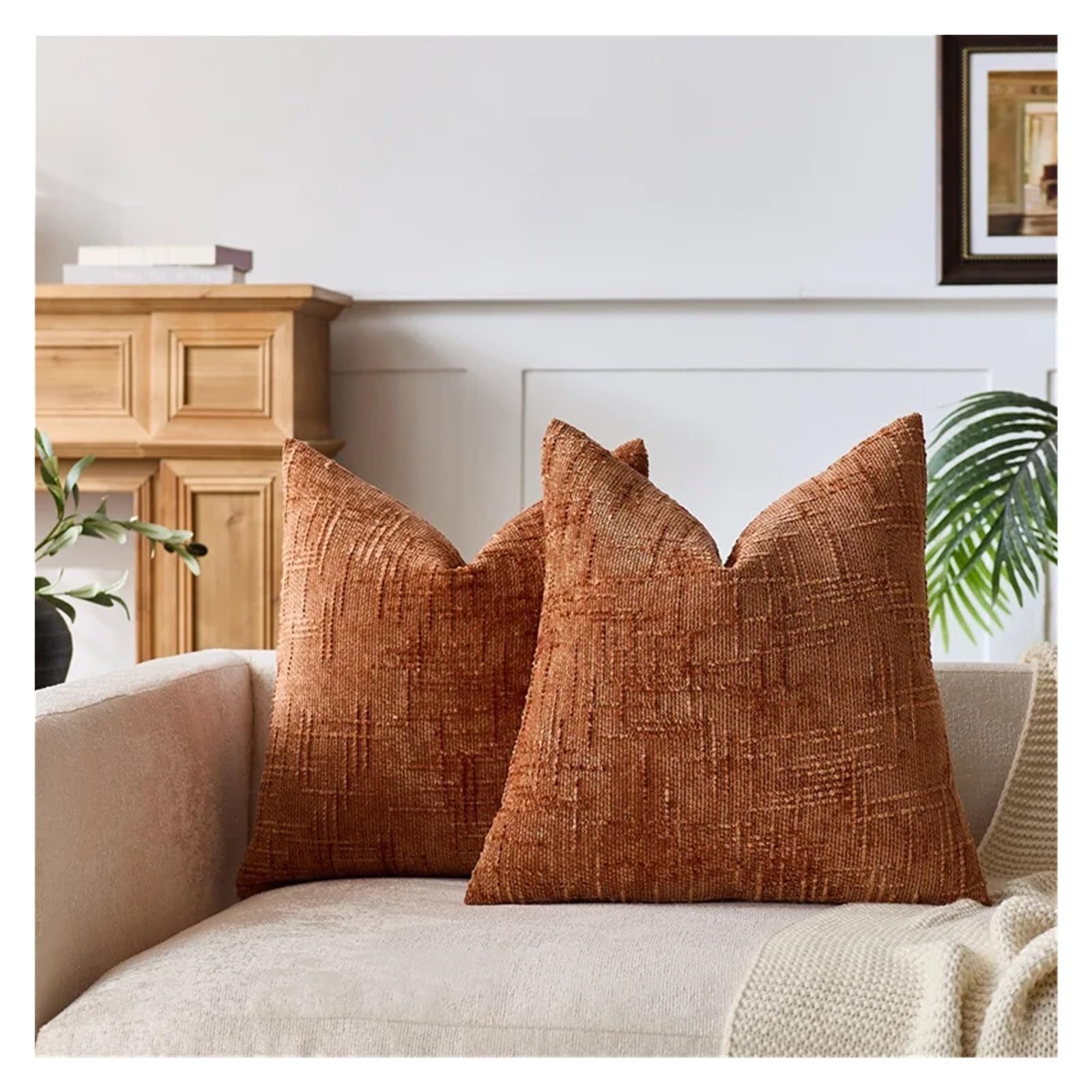 Housse de coussin en chenille marron 60x60 cm à texture bambou chic