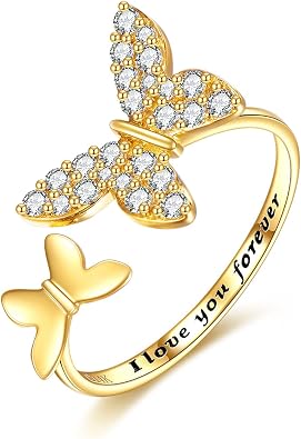 KECHO 14K Solid Gold Ring for Women Adjustable Bee/Hummingbird/Butterfly Rings Animal Open Jewelry Birthday for Mom Friends