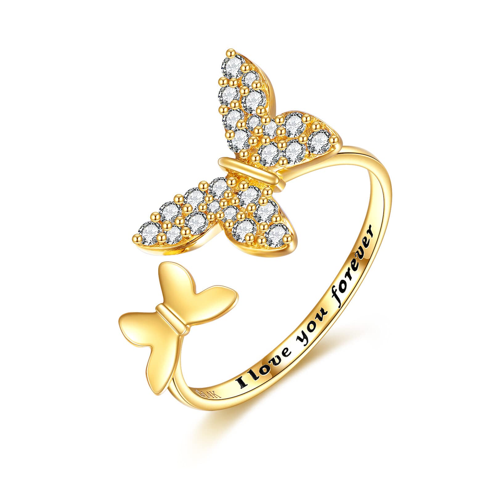 KECHO Christmas Gifts 14K Solid Gold Ring for Women Animal Open Adjustable Hummingbird Butterfly Rings Engraved I love you Jewelry Birthday Mothers