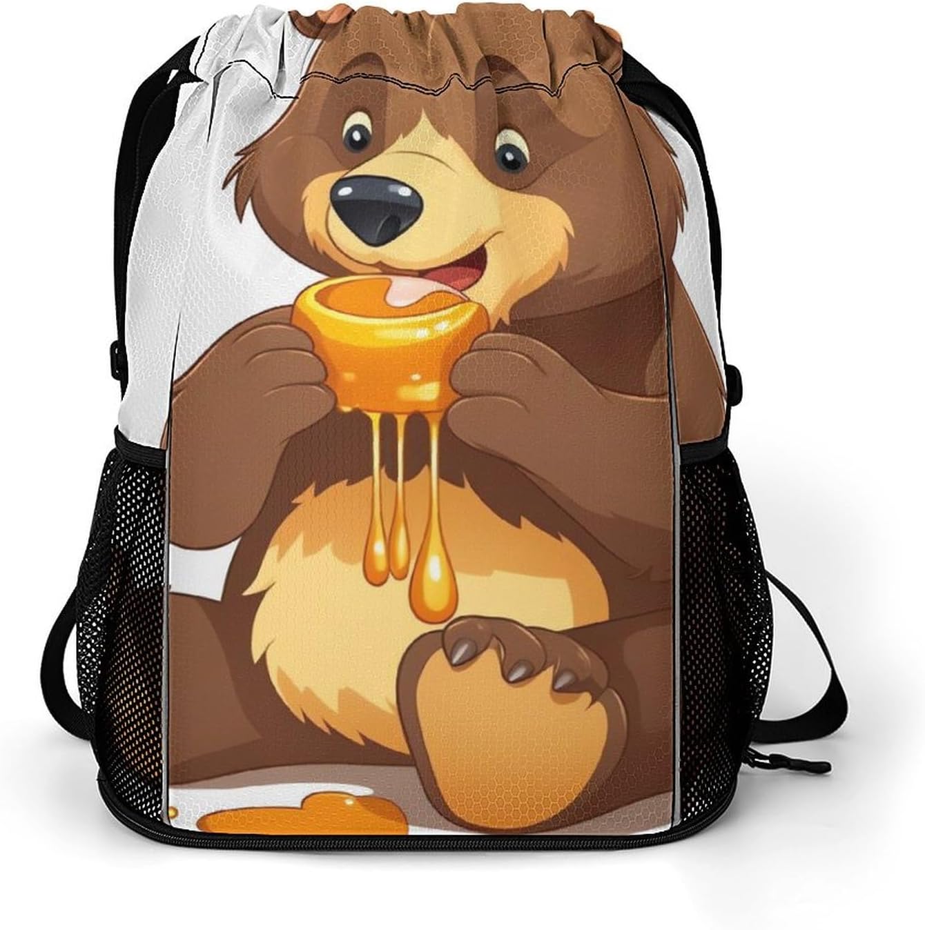 Small Gym Bag Bear Eating Printed Drawstring Gym Bag for Men Lightweight Waterproof Drawstring Backpack for Women with Shoe Compartment for Travel Tourism Work And Fitness