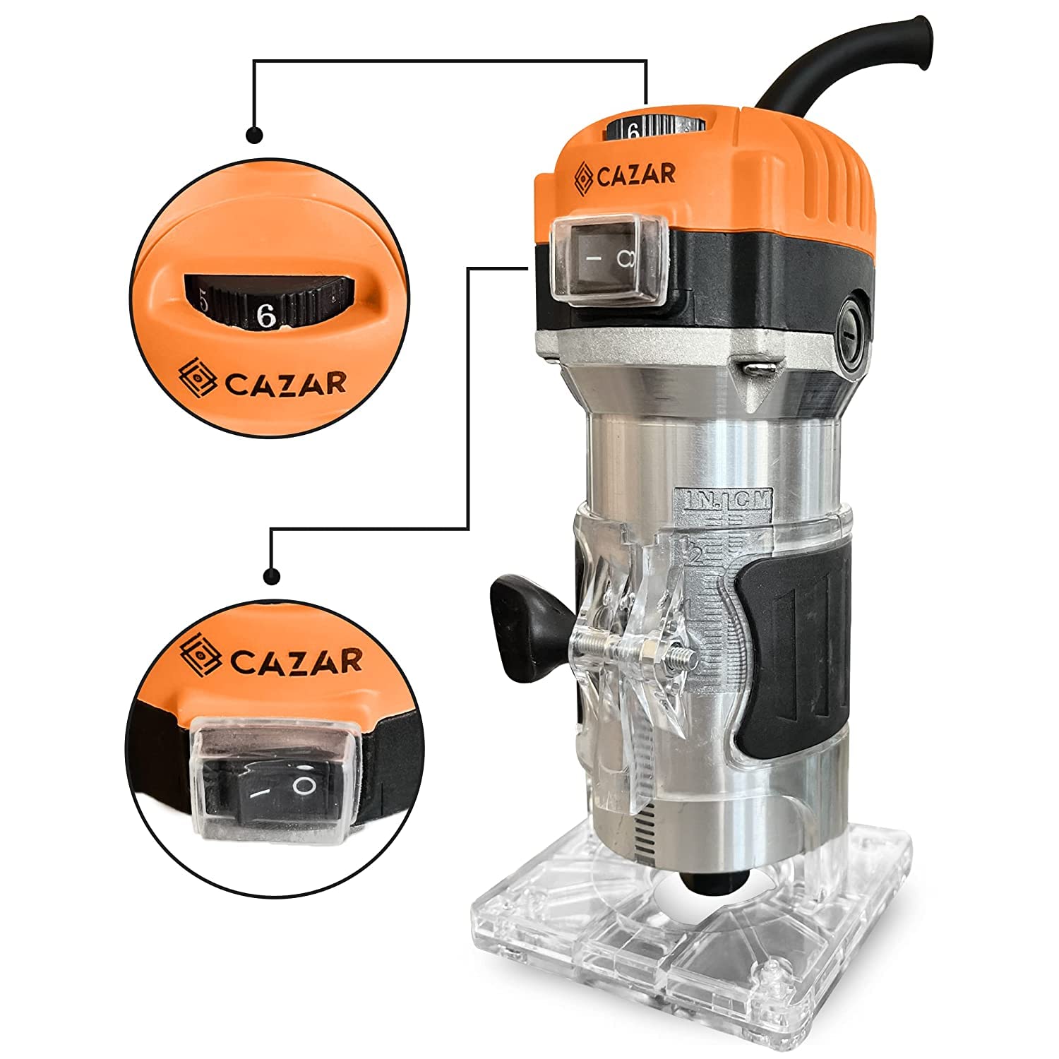 CAZAR CZ-TVS036 Variable 6-Speed Metal Body Wood Trimmer/Router (6-6.35 mm) with 6-Pieces Different Shaped 6.35 mm Router Bit Set, 6mm, 6.35mm and 8mm Collets, 3m long cord+Saftey Hand Gloves 2